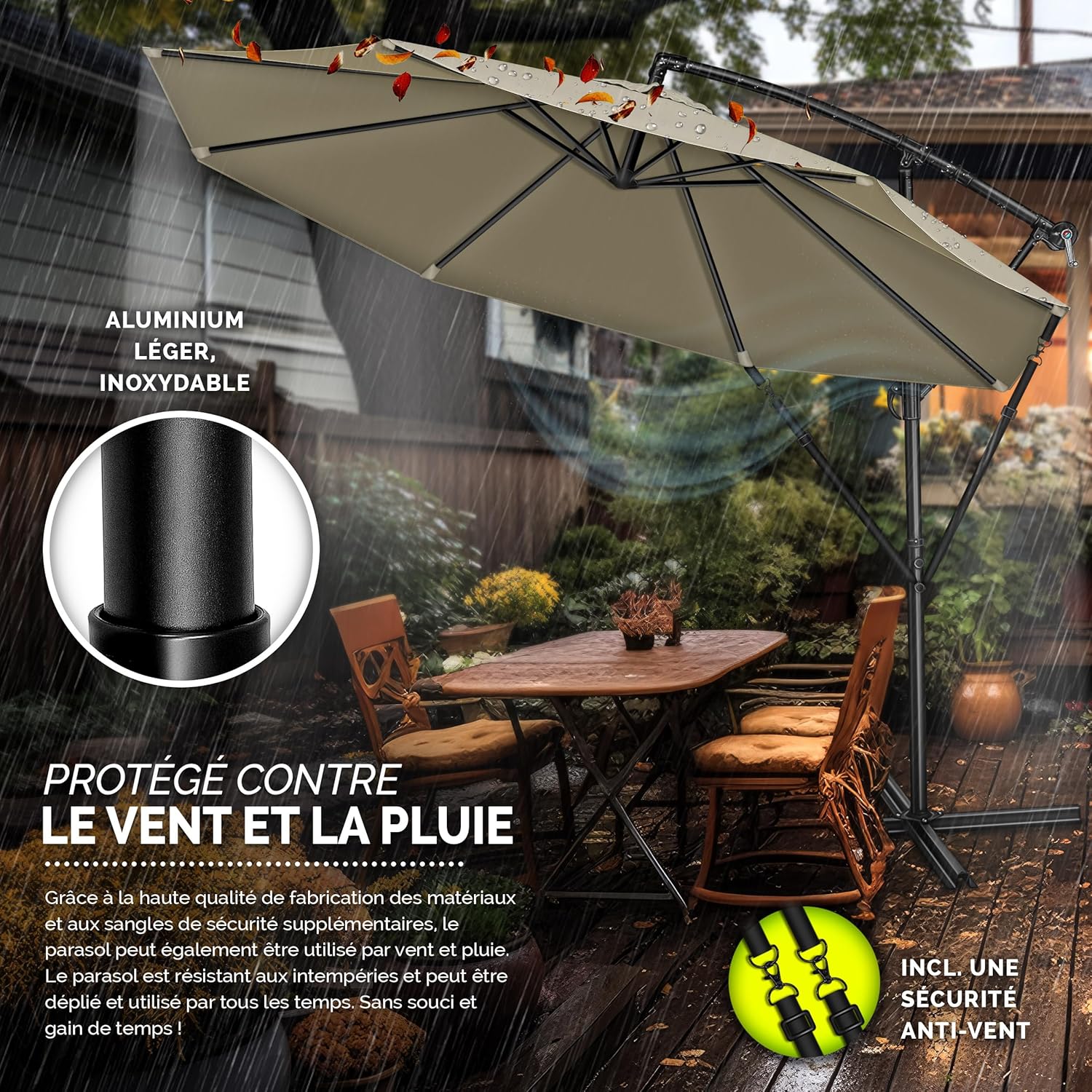 Thumbnail 3 de Tillvex Parasol déporté hexagonal 3M avec manivelle - Aluminium, pied robuste et housse imperméable