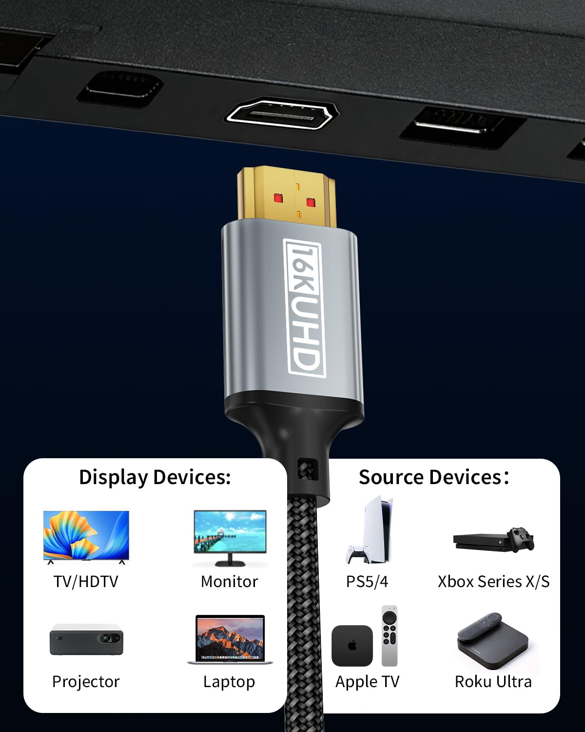 Thumbnail 1 de Layajia HDMI Kabel 2 m – Ultra HDMI 2.2, bis 96 Gbps, 16K/60Hz, HDR, kompatibel mit PS5/4, Xbox und mehr