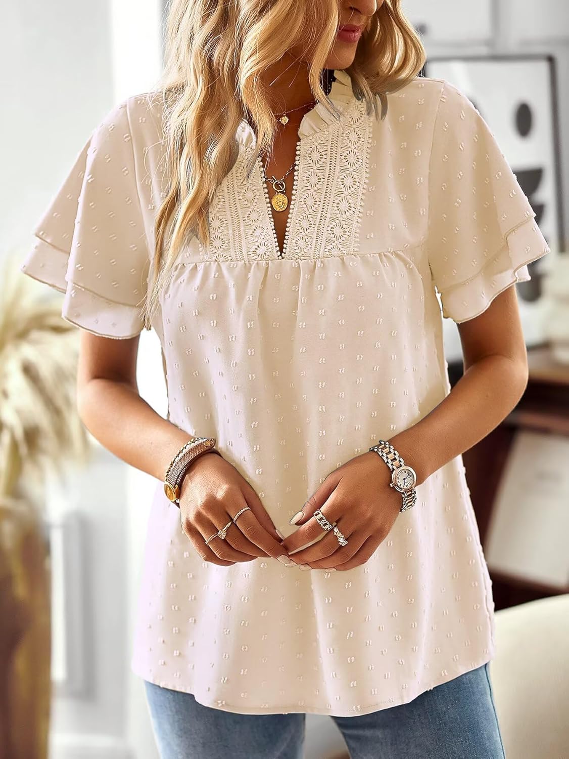 Thumbnail 4 de Falechay Women's Butterfly Sleeve V-Neck Blouse
