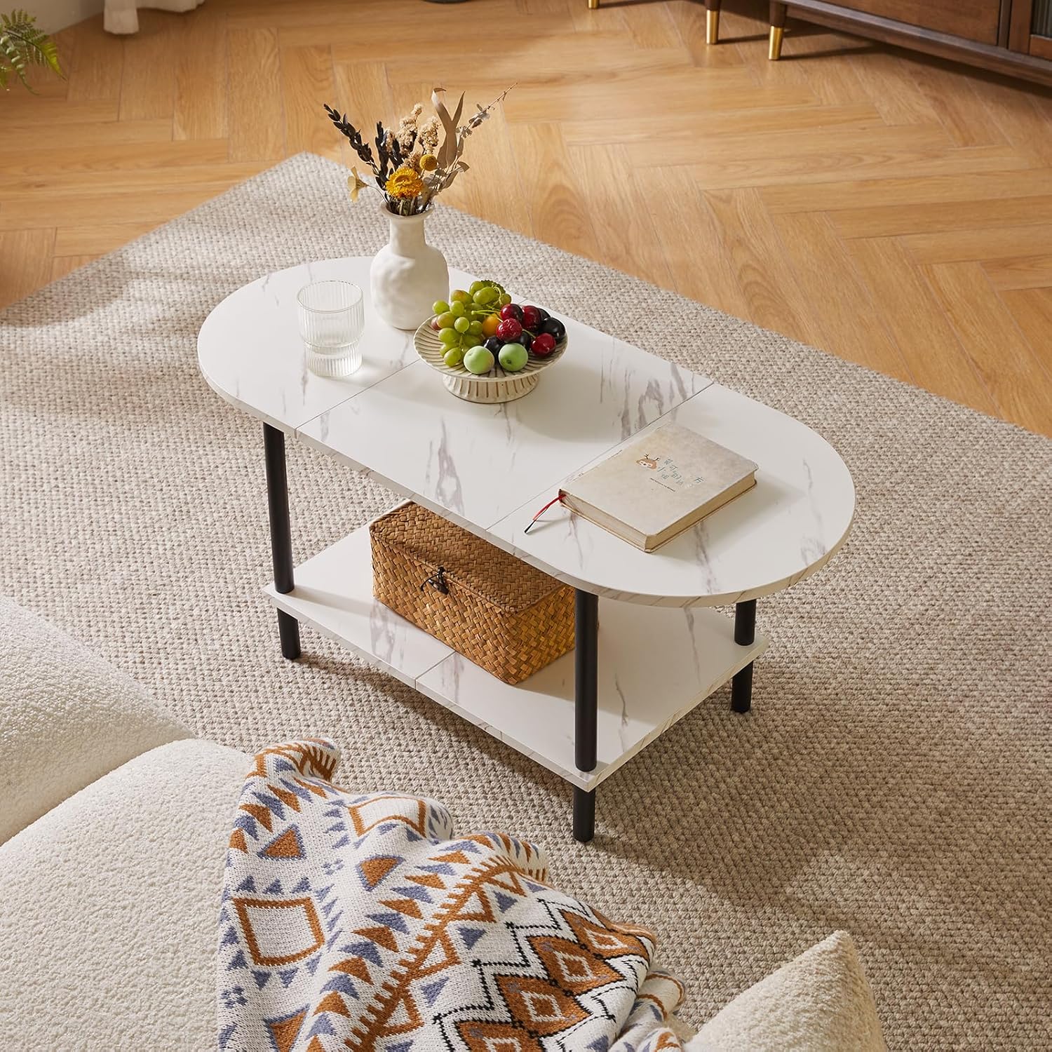 Thumbnail 6 de Aibiju Couchtisch YD-011M – kleiner Wohnzimmertisch mit ovaler Platte, 2-stufigem Stauraum und Holzbeinen