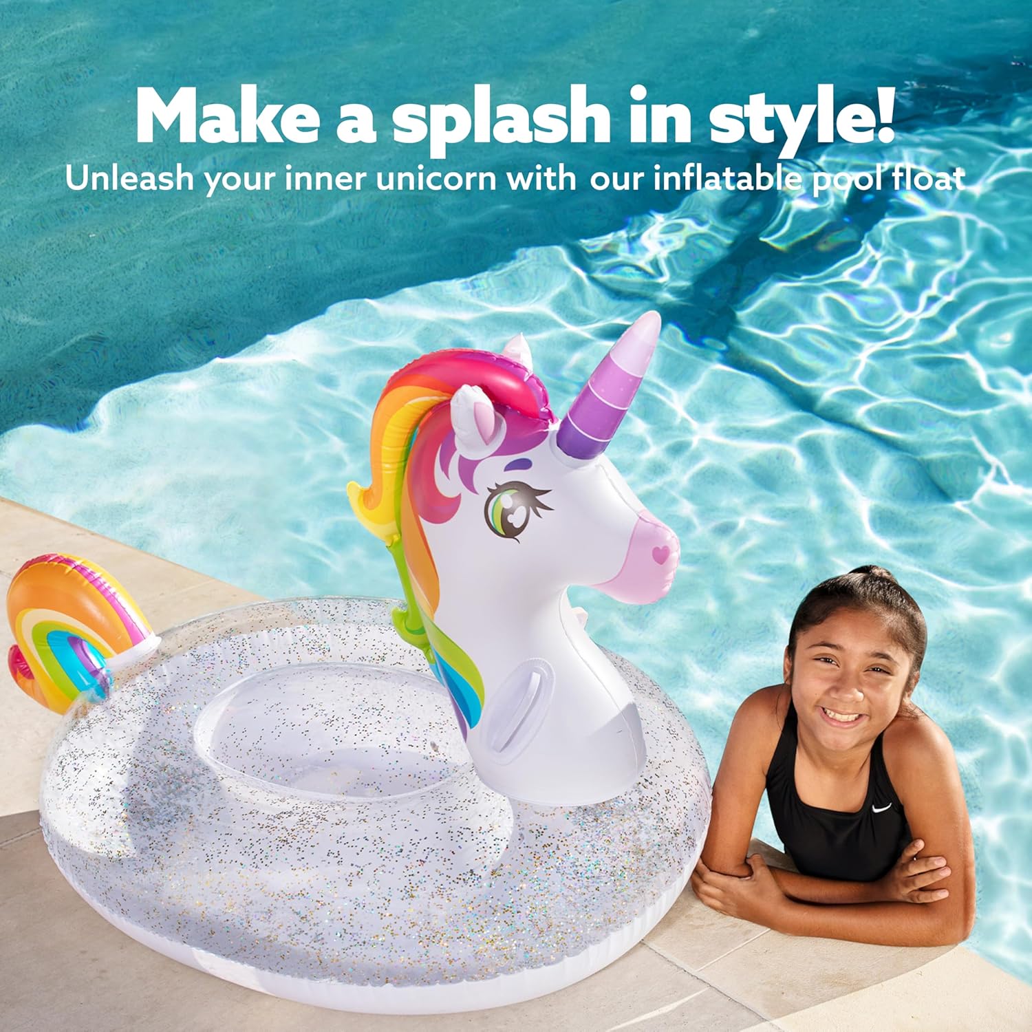 Detalle de JOYIN Kids Unicorn Pool Float (152.4 x 75 x 85cm) with Sparkly Glitters