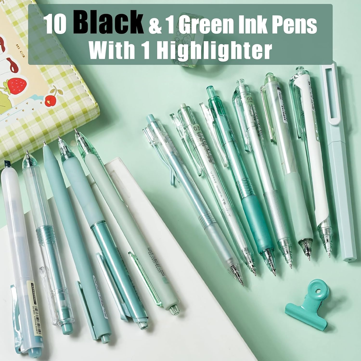 Detalle 2 de Four Candies Gel Pen Set (Forest Series) – 0.5mm fine tip retractable pens with black & green ink and highlighter, pack of 12