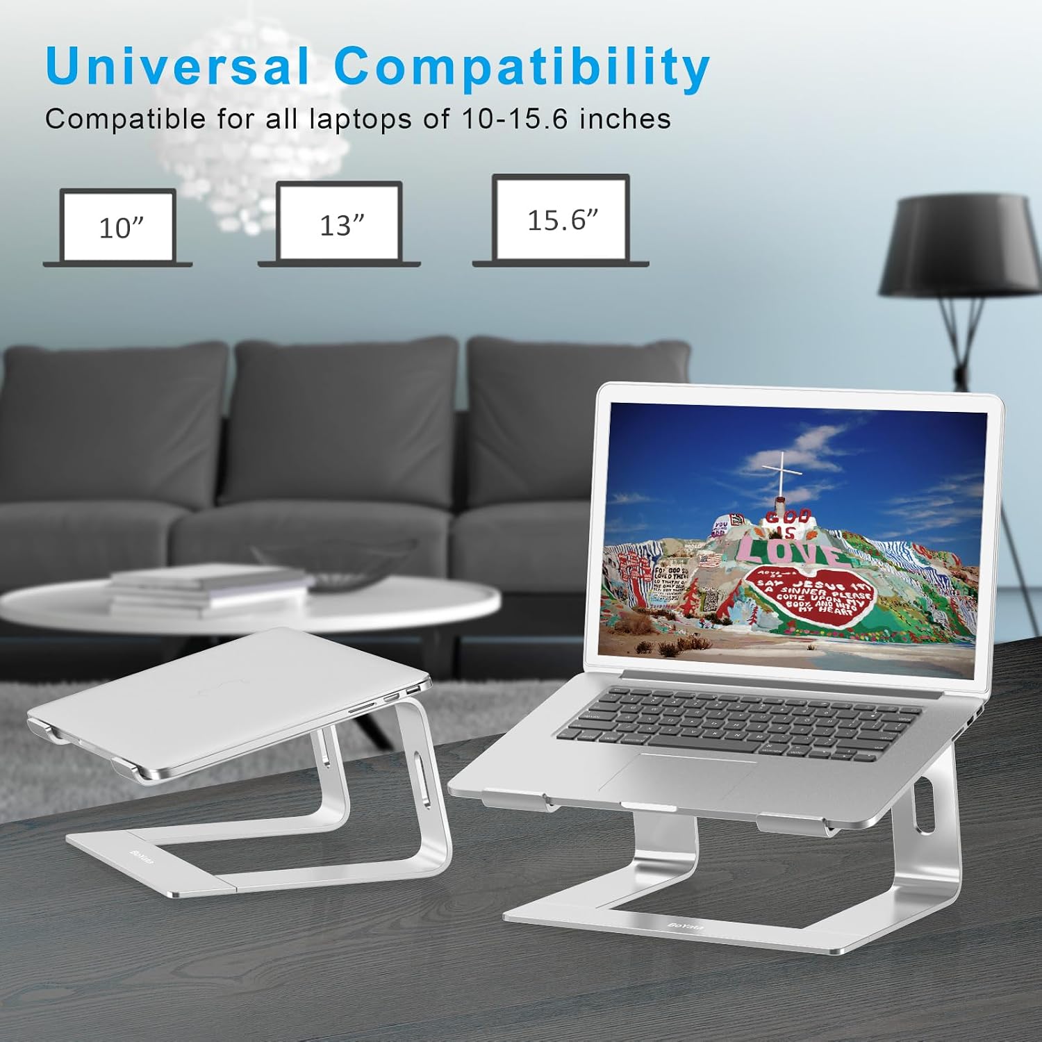 Detalle de BoYata aluminium portable ventilated laptop stand (Silver) for 10–14 inch laptops