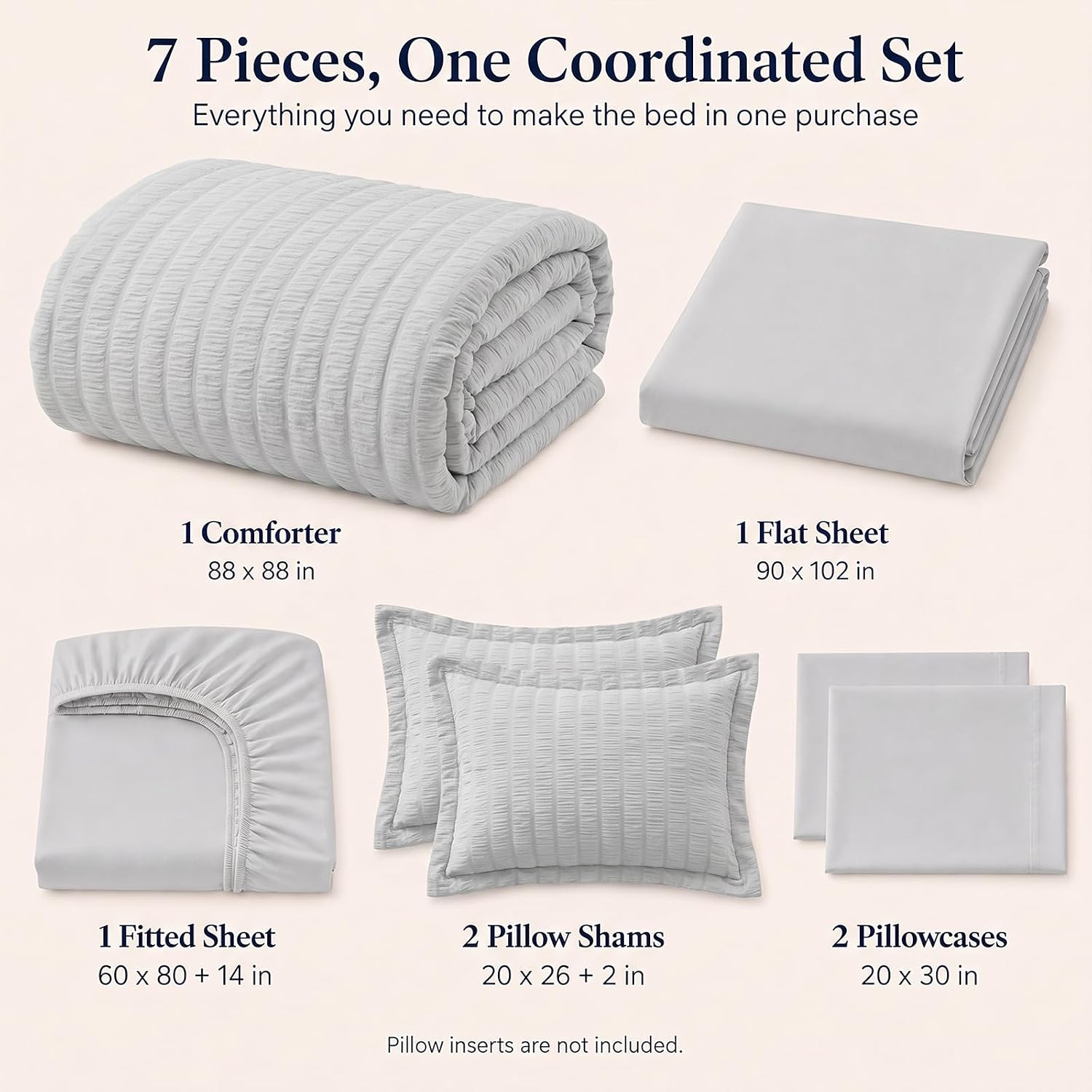 Detalle de CozyLux Queen Seersucker 7-Piece Bedding Set in Gray - Soft Microfiber & Wrinkle-Resistant Comfort