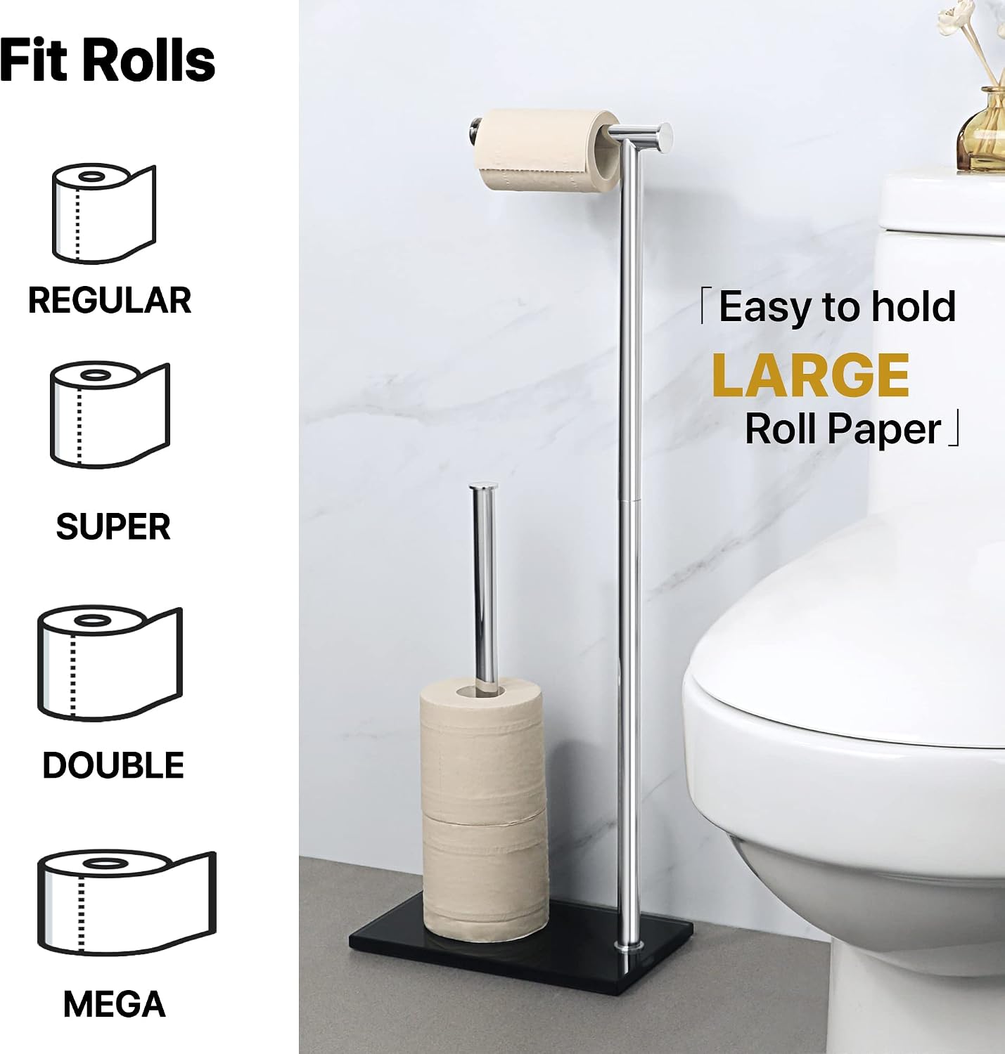 Thumbnail 4 de Sayayo Free Standing Chromed Toilet Roll Holder with Glass Base (70 cm) – SUS304 Stainless Steel, 12mm Glass, 3–4 Roll Storage