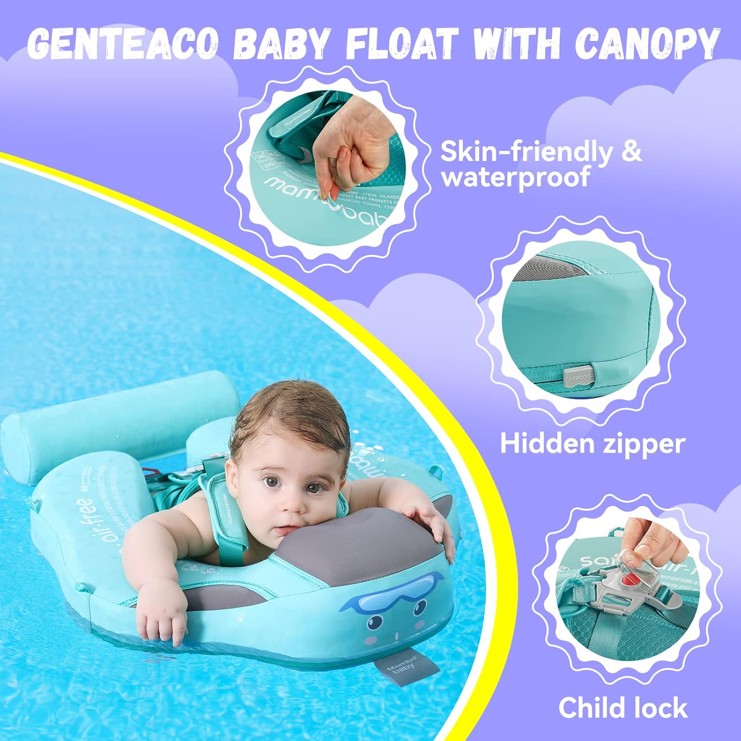 Detalle de GENTEACO Mambobaby Baby Swim Float with Canopy: Non-Inflatable, Safe & Sun-Shielded for 3–24 Months