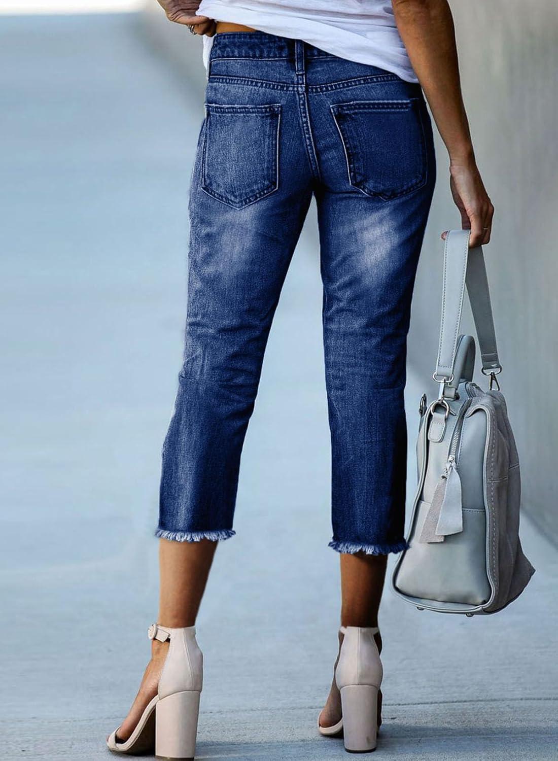 Thumbnail 1 de Sidefeel Women’s Capri Jeans — High-Waisted Straight Leg with Raw Hem