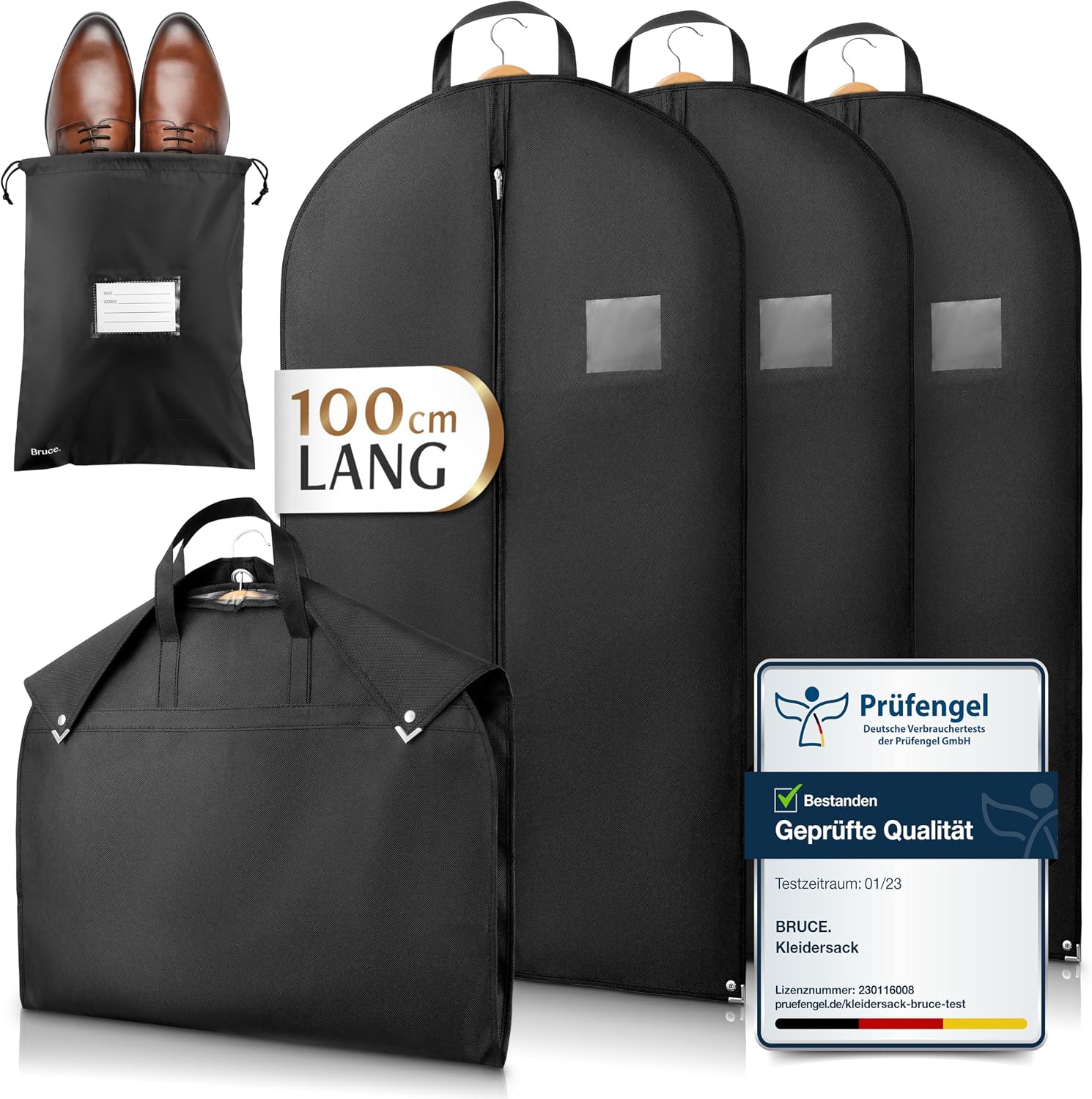 Bruce.® 3x Kleidersack Kurz 100x60cm inkl. 1x Schuhbeutel – atmungsaktive Kleiderschutzhülle (120 GSM) für Reisen & Aufbewahrung