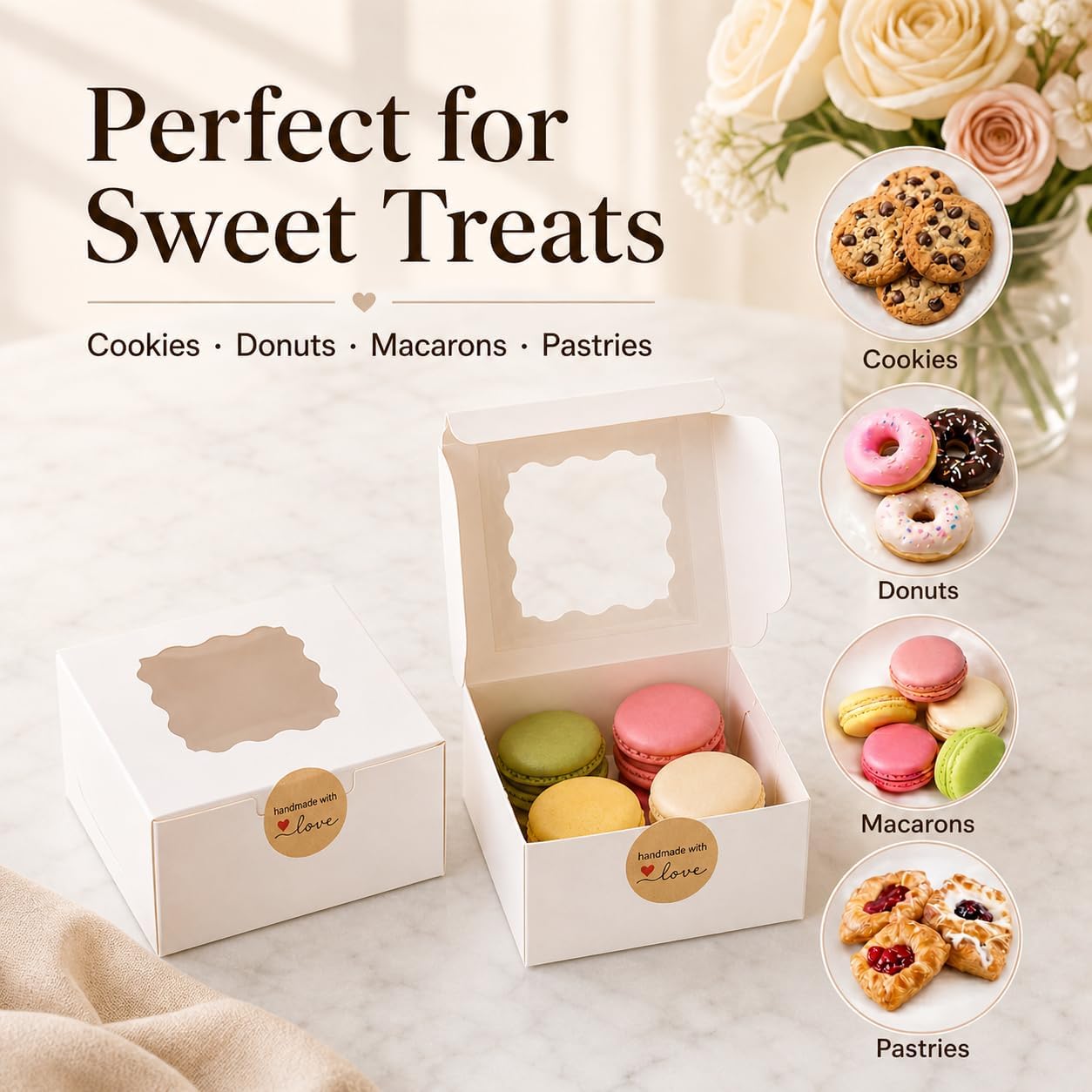 Detalle de uprinacc 6 x 6 x 3 in Bakery Boxes with Window, Stickers, White Paperboard