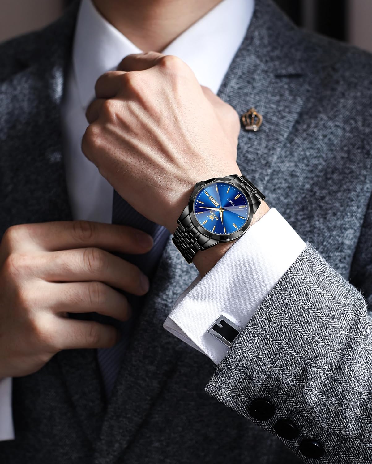 Detalle de OLEVS Herrenuhren Skelettuhr Quarz – Edelstahl, Diamantindexe, Leuchtzeiger, 41 mm