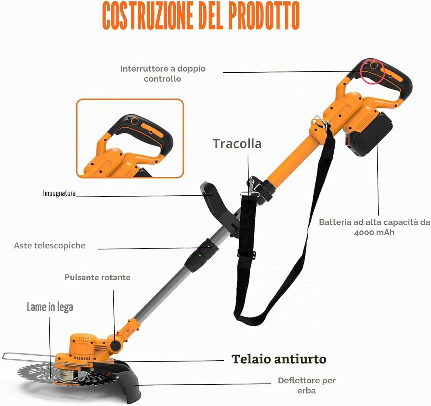 Detalle de Decespugliatore a batteria 2 batterie, tagliaerba 4 in 1 con testa girevole 0–90°, leggero e versatile per giardino