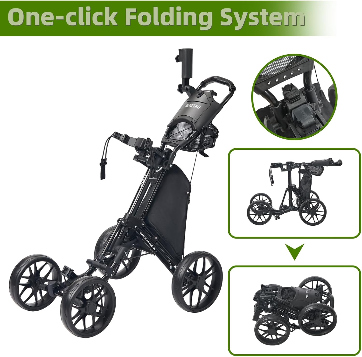 Thumbnail 3 de FLAGTAG Golf Push Cart 4-Wheels: Foldable 1-Click Aluminum Cart with Cup/ Umbrella Holders and Cooler