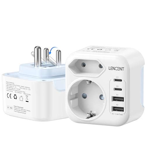 Detalle de LENCENT adaptateur de voyage 6-en-1 pliable, prise type D, 2 USB-C et 2 USB-A