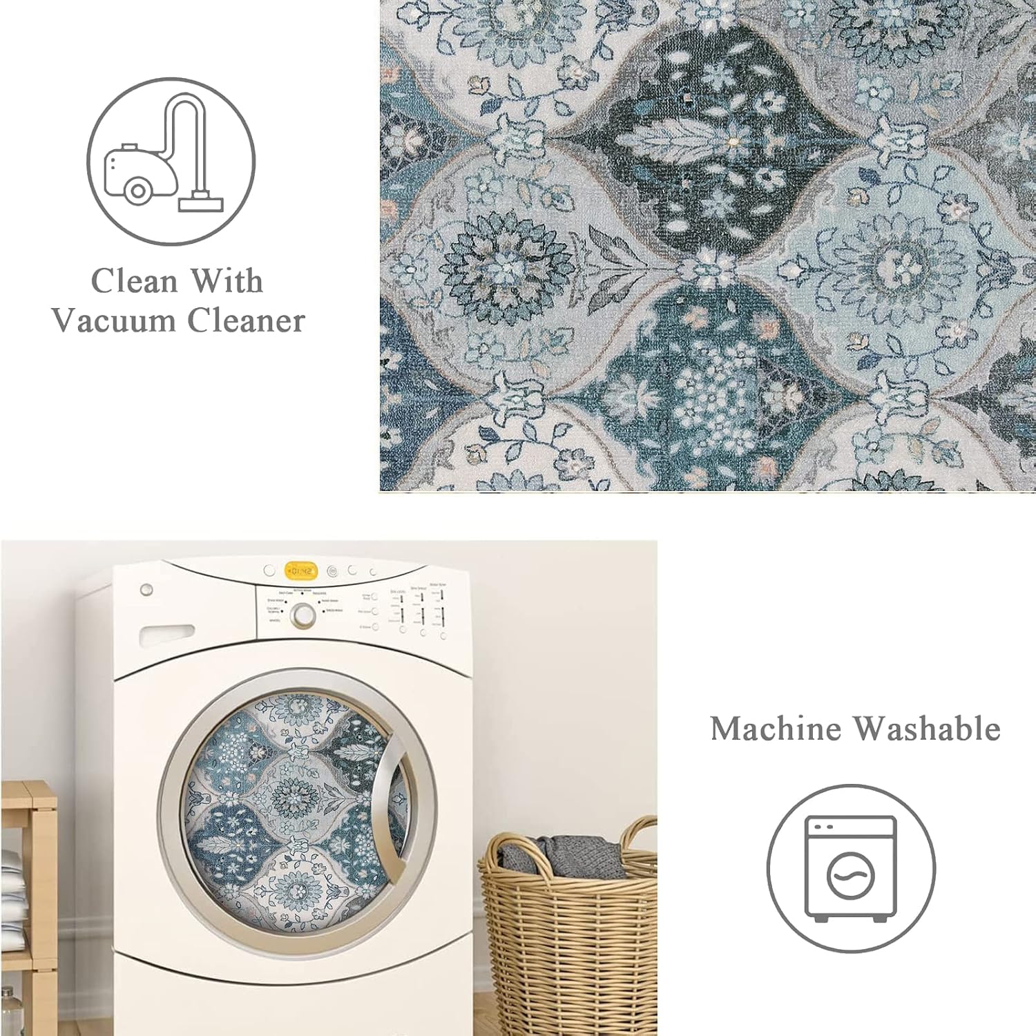 Detalle de Lahome Moroccan Washable Runner Rug (2'5" x 8') in Blue – Ultra-Thin Vintage Kitchen Runner for Hallways and Entryways
