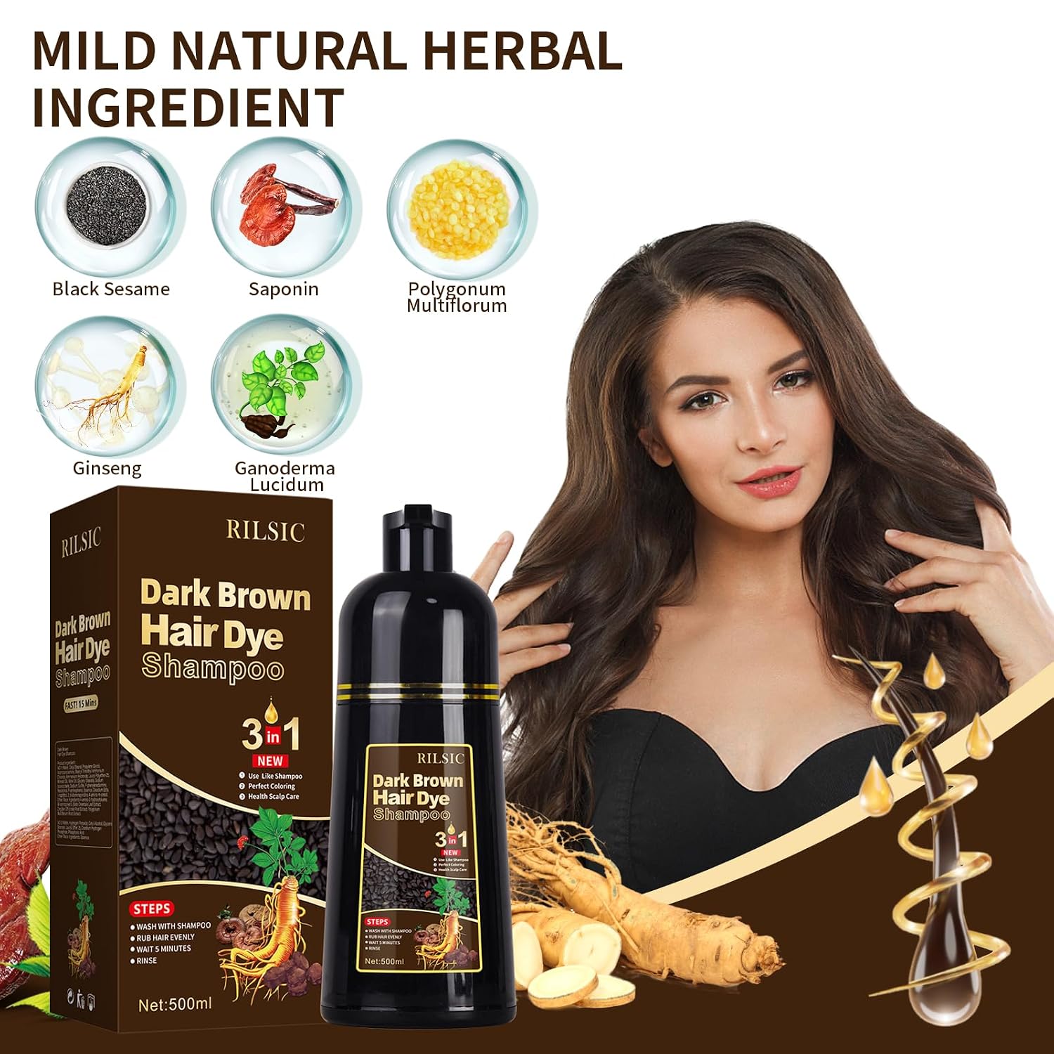 Thumbnail 5 de JELMOK Hair Dye Shampoo (Sofort-Haarfärbeshampoo) für graues Haar, Dunkelbraun – 500 ml