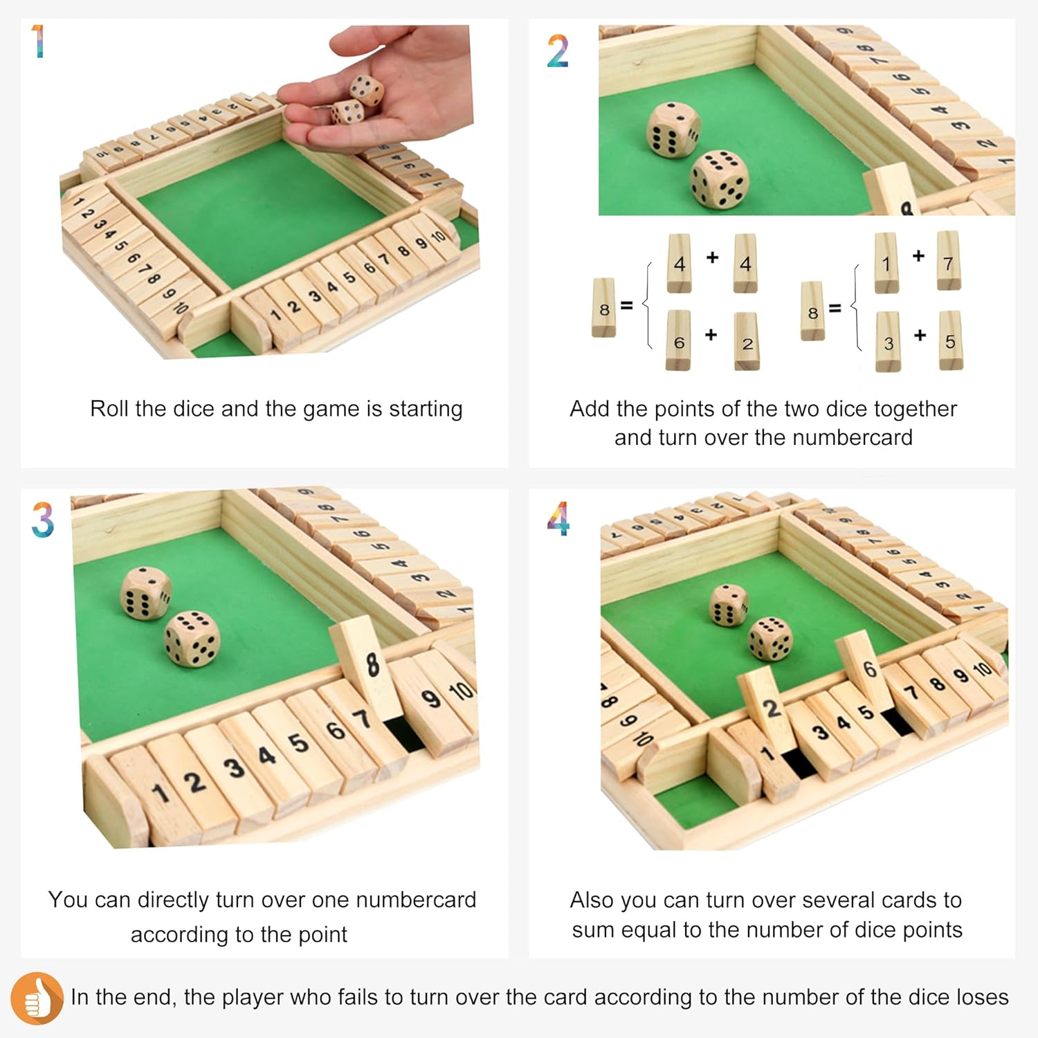 Thumbnail 2 de Shut The Box Spiel für 4 Spieler aus Lindenholz – 21,5 x 21,5 cm Würfel- & Mathe-Brettspiel