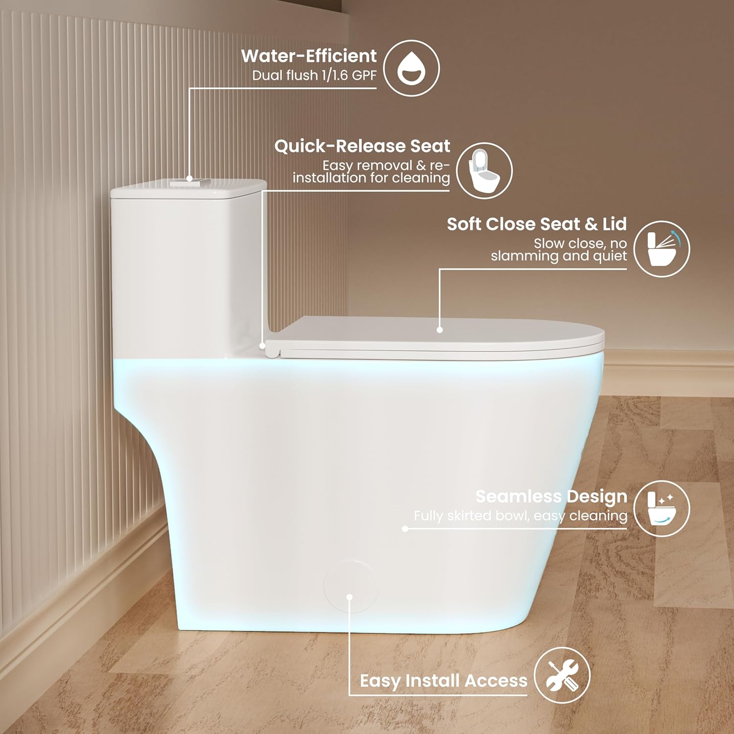 Detalle de CASTA DIVA CD-T005 One-Piece Elongated Toilet, Dual Flush, 17-Inch Seat