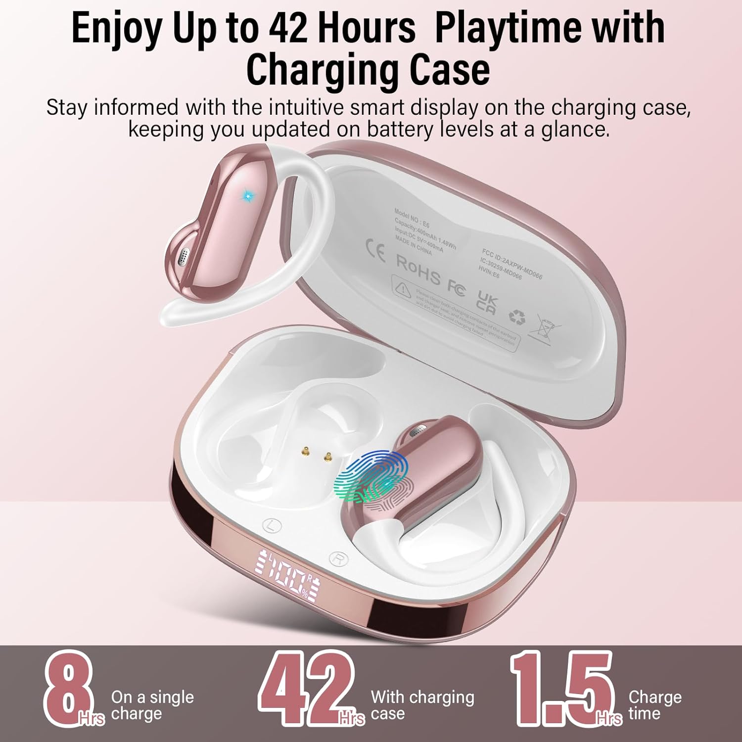 Detalle de AI Écouteur Traducteur Instantané 3 en 1 – Bluetooth 5.4, 165 langues, LED, 42h, Open Ear Rose