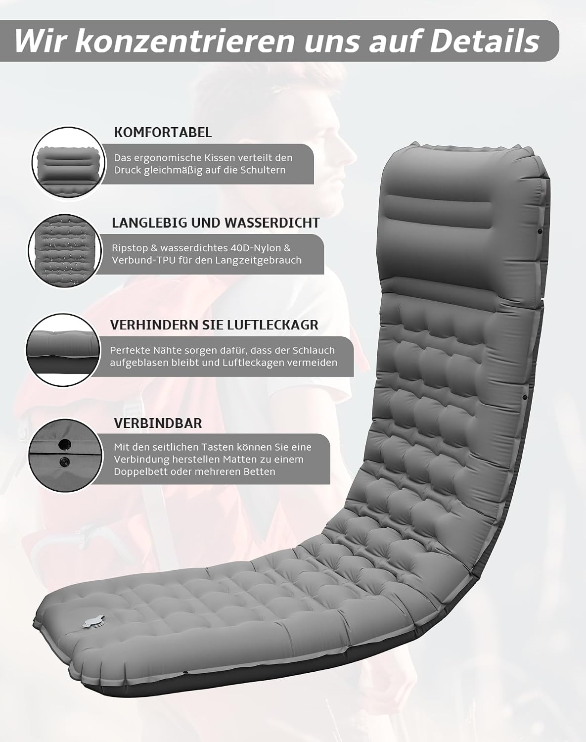 Detalle de CIXMUS Aufblasbare Isomatte 12 cm – Ultraleicht, Fußpumpen-System und vernetztbar