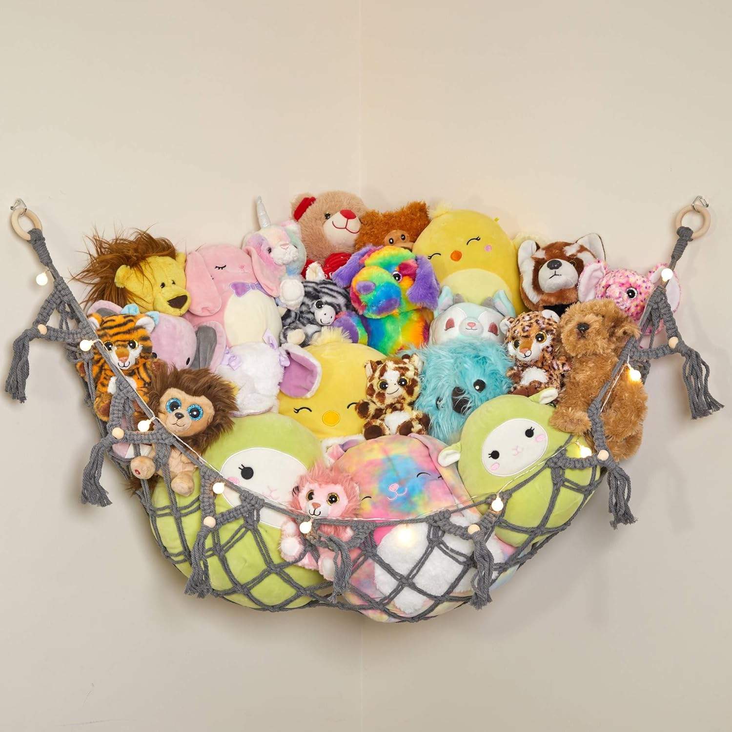 Detalle de Lilly's Love Macrame Stuffed Animal Hammock with Lights, Gray, 12 lb Capacity