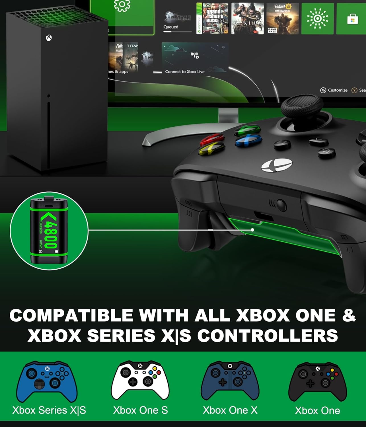 Detalle de HEYLICOOL rechargeable Xbox controller batteries 4x4800mWh