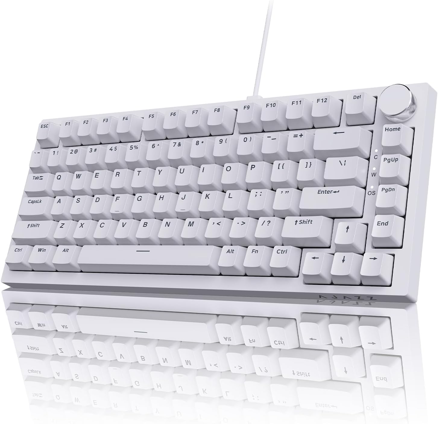 Detalle de AJAZZ AK820 Kabelgebundene mechanische Tastatur – 75% Layout, 82 Tasten, hot-swappable, Volume-Knopf, PBT-Tasten, Blue Switches, Ice Blue LED, Weiß