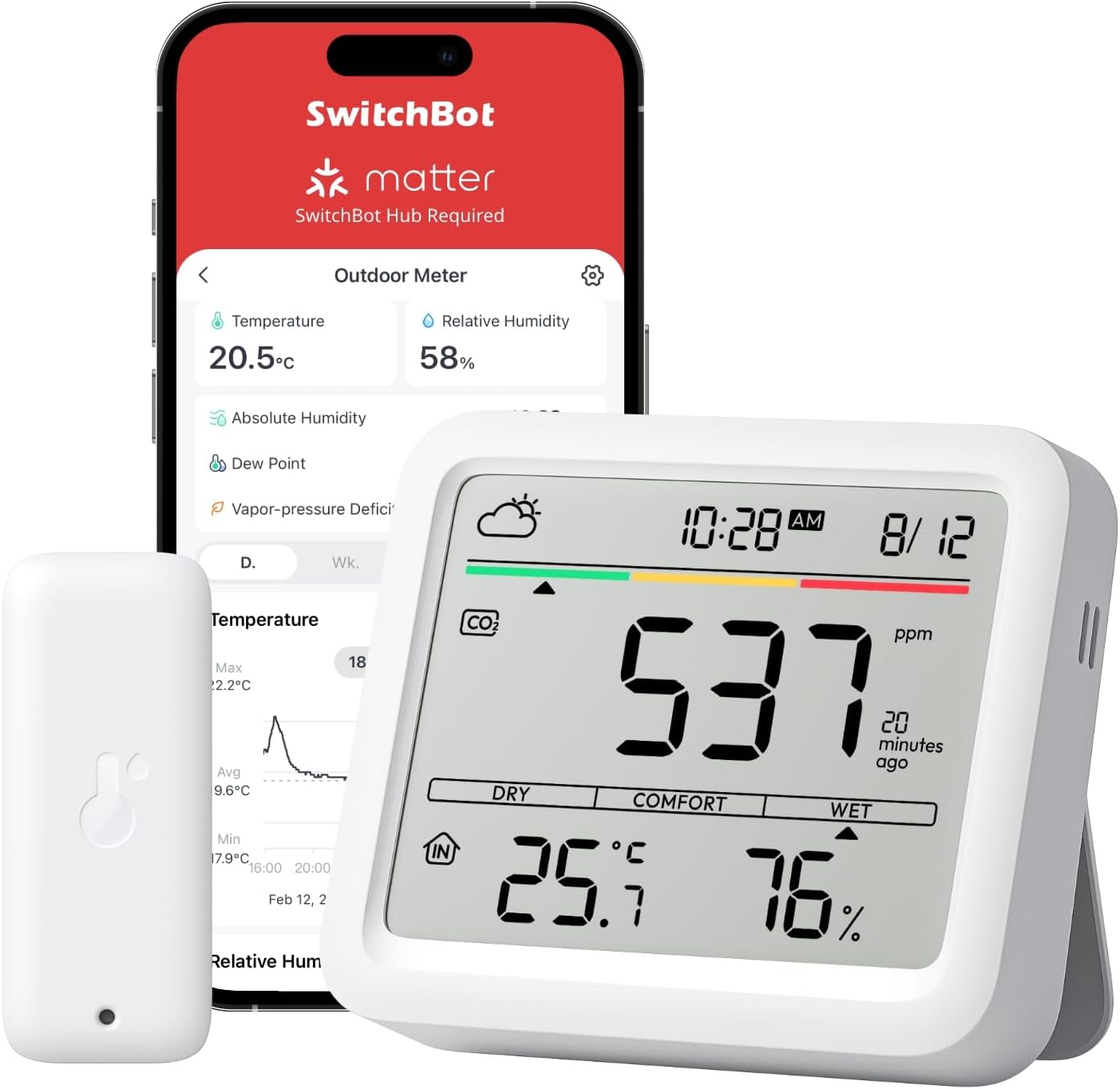 Detalle de SwitchBot Détecteur de CO2 Bluetooth IP65 avec thermomètre et hygromètre intérieur – mesure précise et alarme
