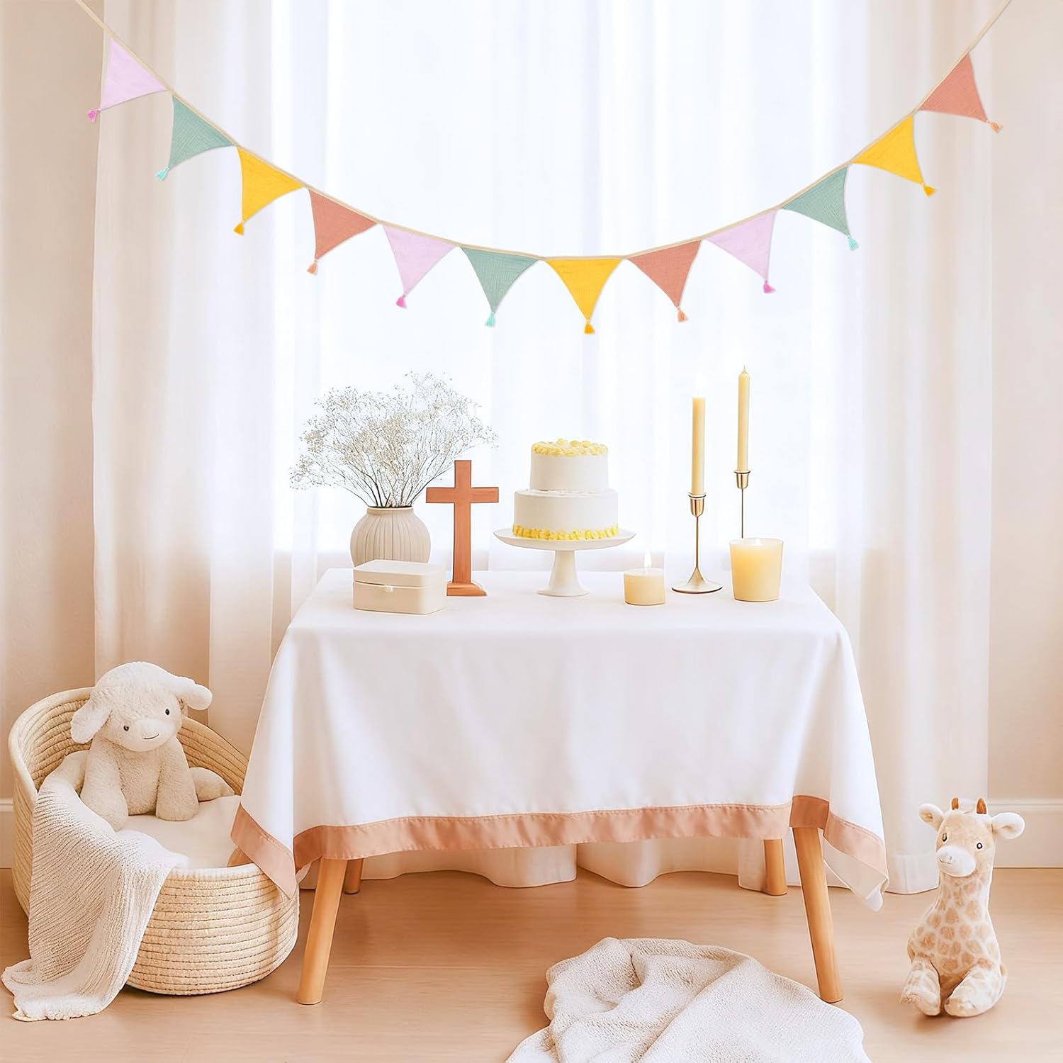 Thumbnail 6 de jijAcraft Wimpelkette für Kinderzimmer mit Quasten (Musselin), 2,8 m, gelb rosa – doppelseitig