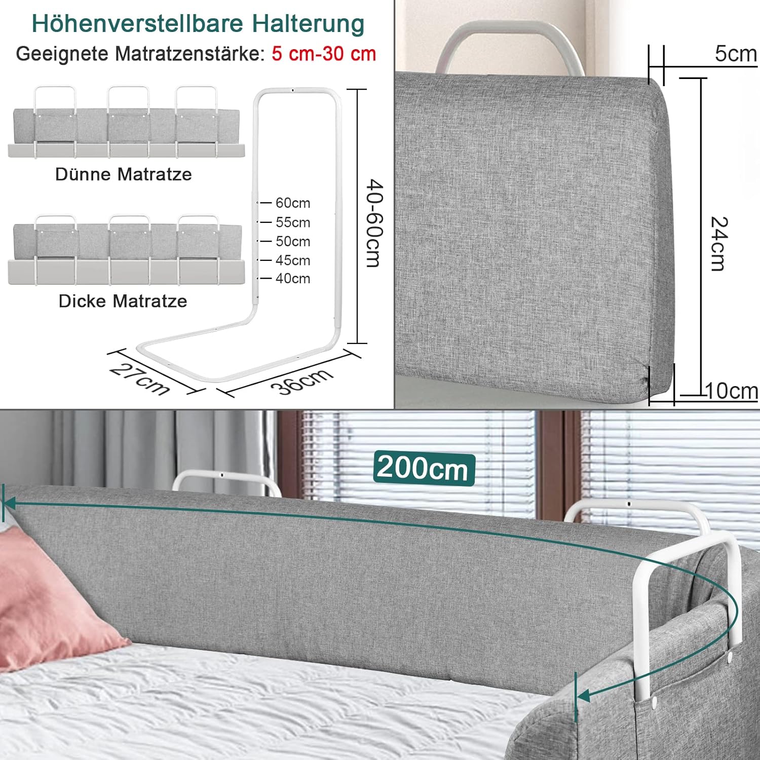 Thumbnail 1 de UISEBRT Bettgitter / Bettschutzgitter 200 cm – Rausfallschutz für Kinderbett, 5-fach höhenverstellbar, verformbar (Grau)