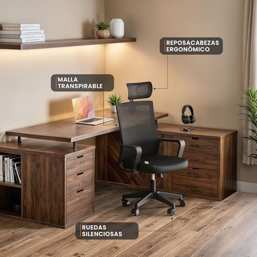 Thumbnail 7 de JUPPLIES silla de escritorio ergonómica ajustable y reclinable con soporte lumbar, reposacabezas y malla transpirable (hasta 120 kg, negro)