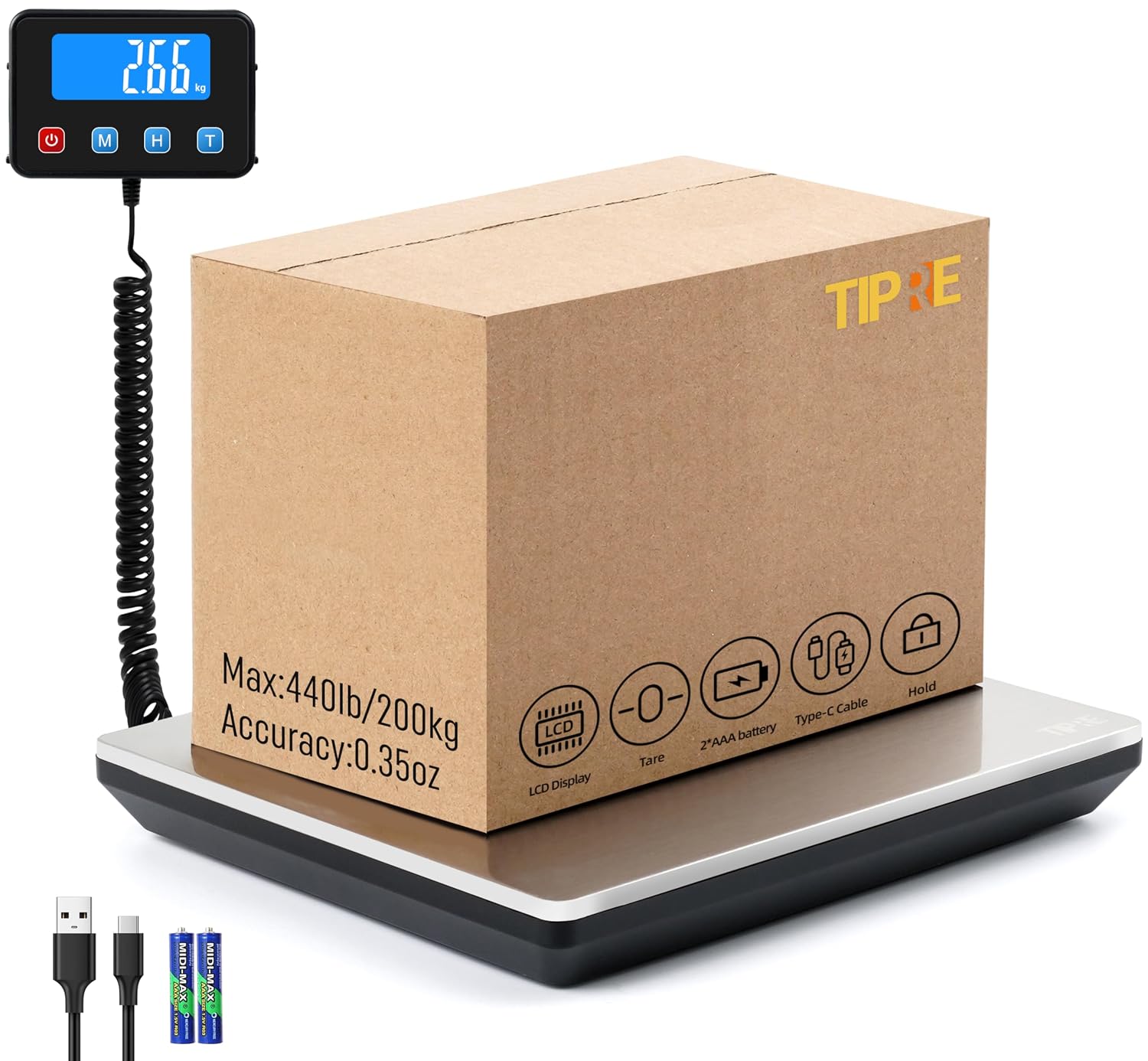 TIPRE CS02 Shipping Scale, 440 lb Capacity, Backlit LCD and Type-C
