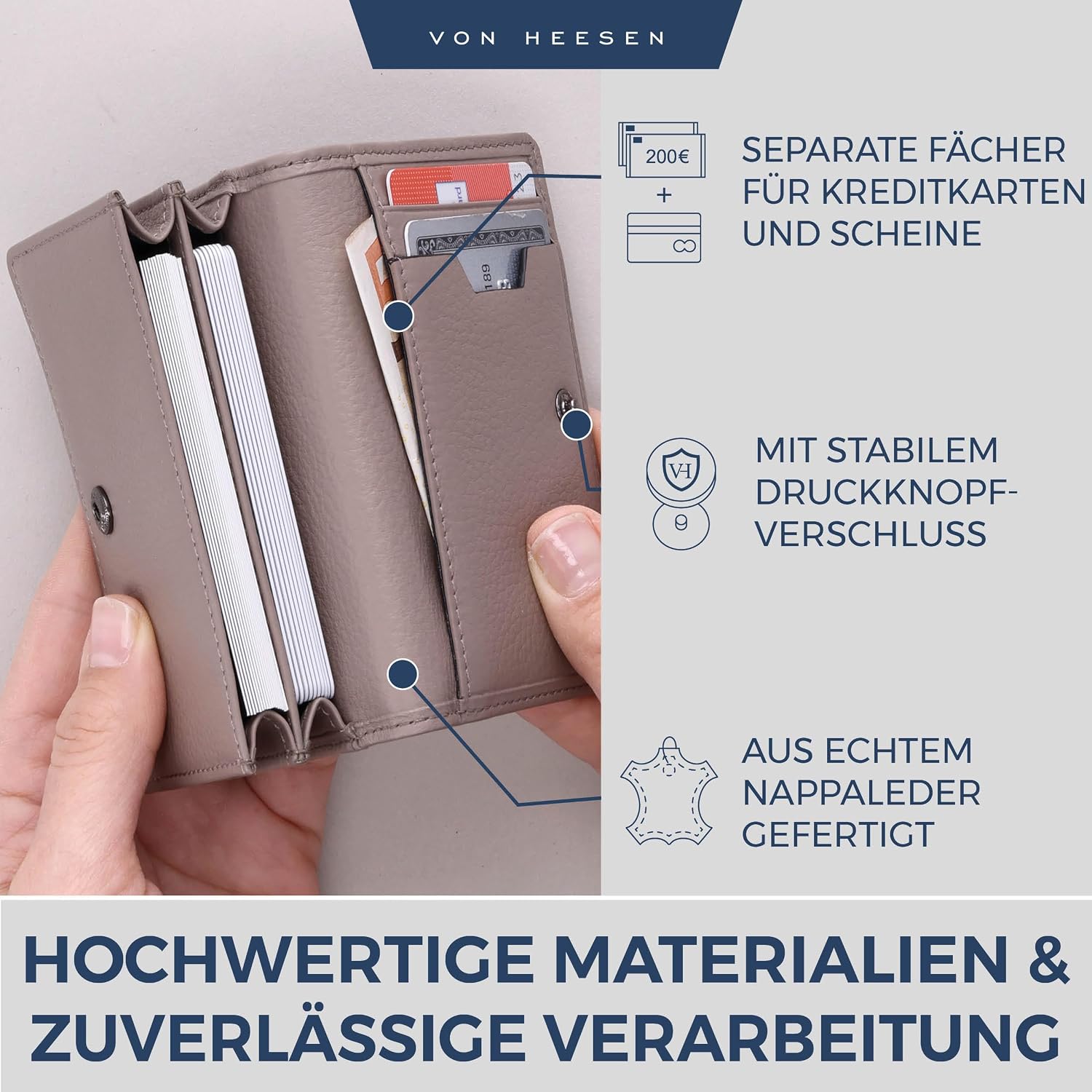 Detalle de VON HEESEN Visitenkartenetui Leder mit RFID-Schutz (Taupe) – Platz für 50 Visitenkarten, 6 Fächer
