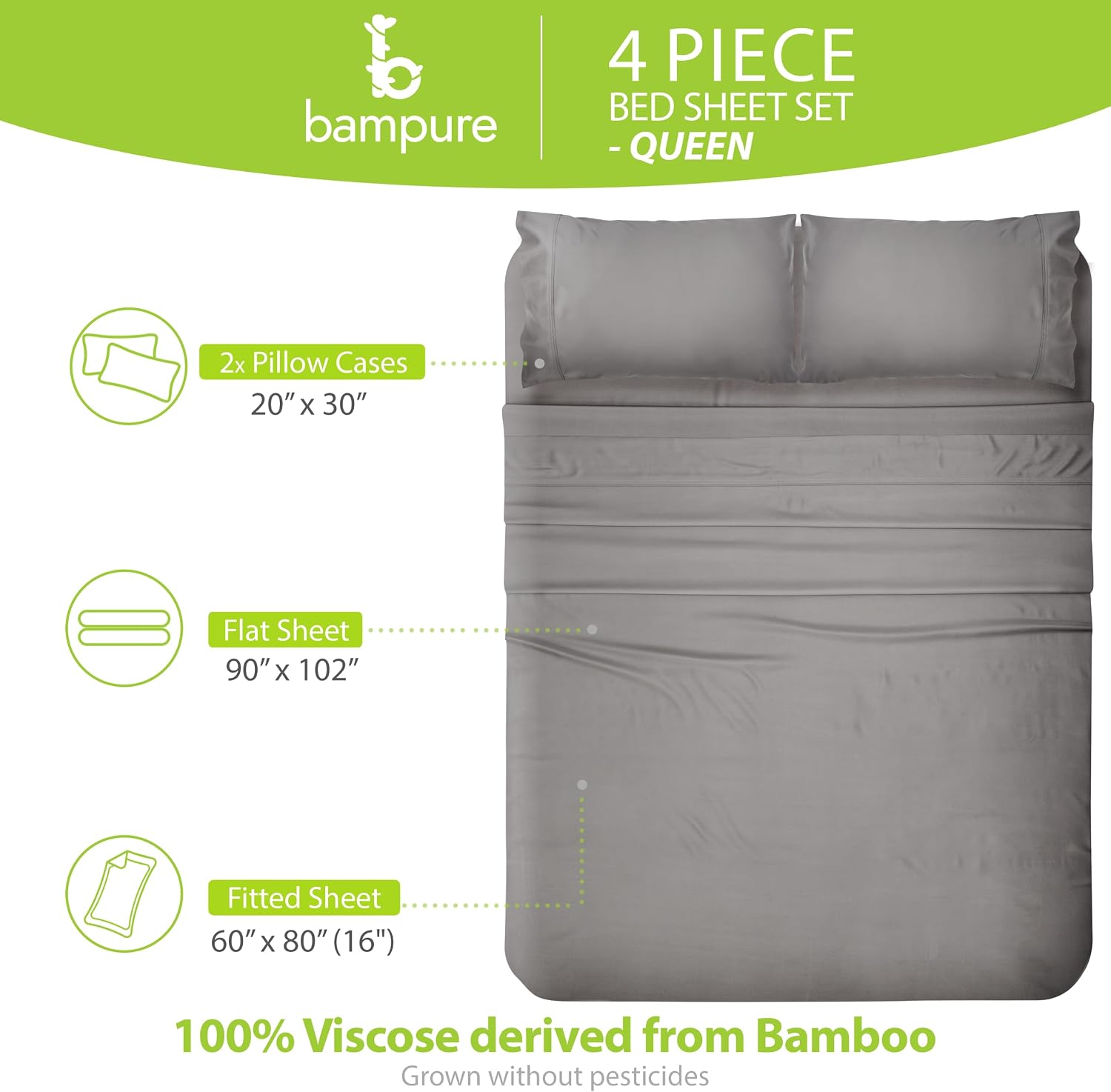 Detalle 2 de BAMPURE Queen Bamboo-Viscose Sheet Set, Stone Grey, 16-Inch Deep Pocket