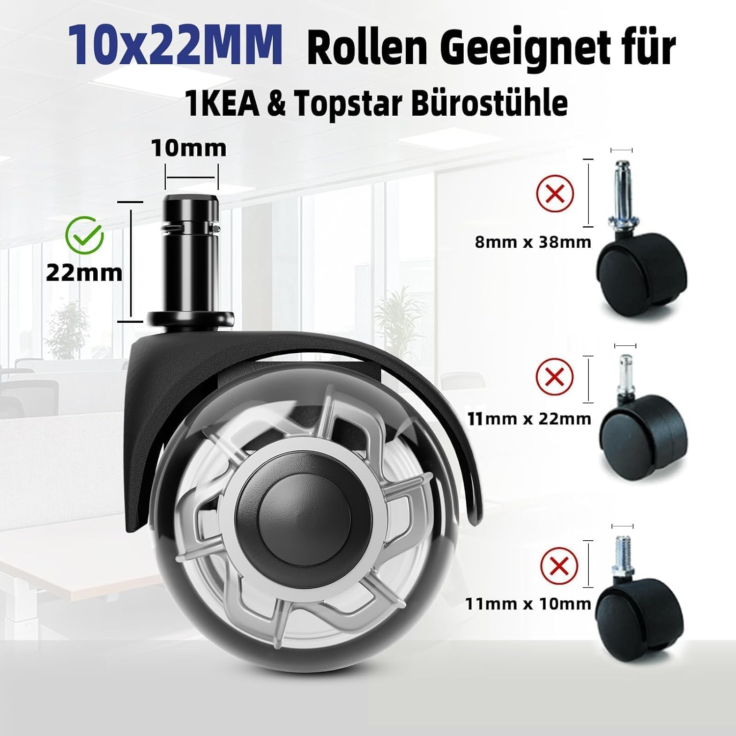 Detalle de Sytopia Bürostuhlrollen 10 mm x 22 mm – 5er Set, leise und bodenschonend