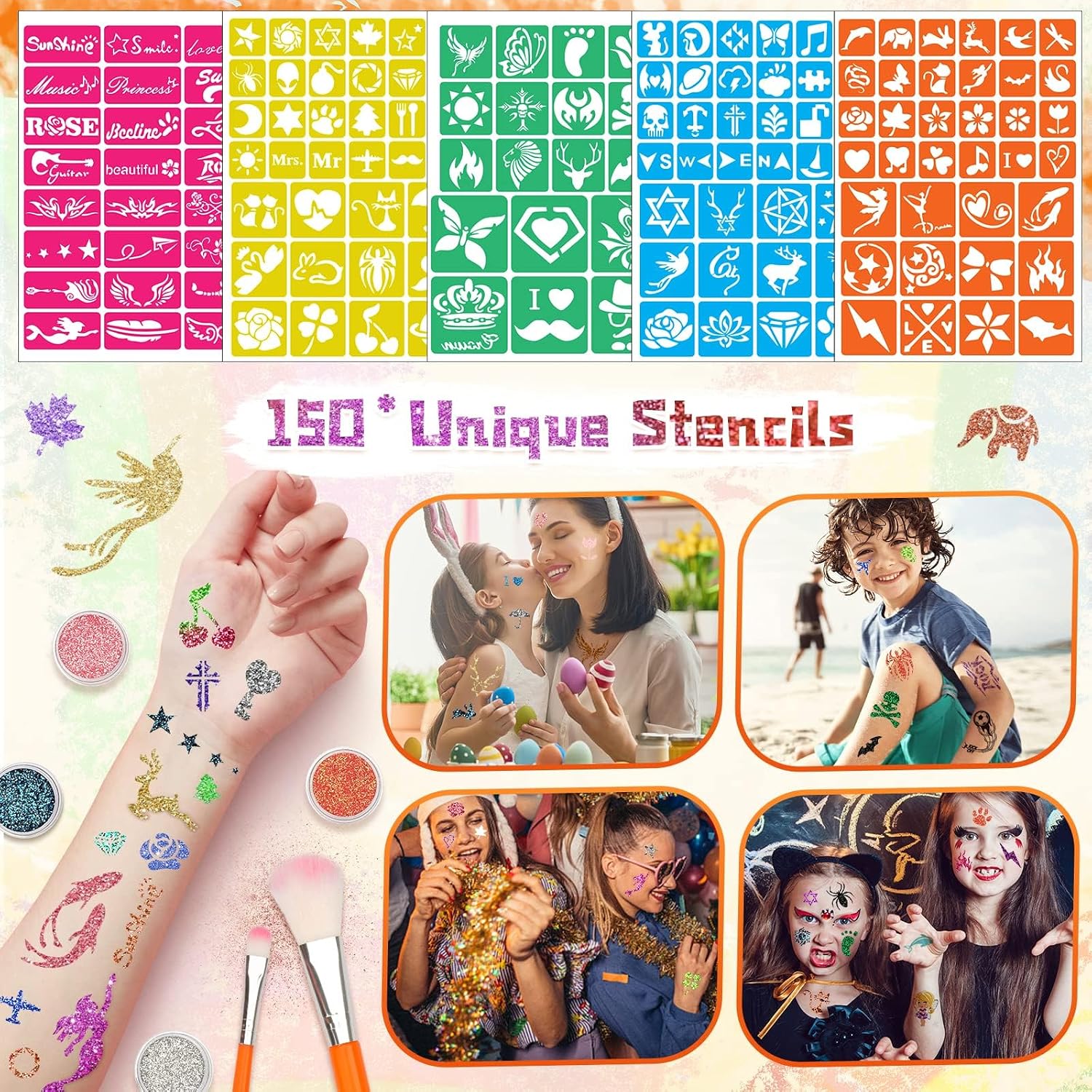 Thumbnail 4 de AUKZON Glitzer Tattoo Set Kinder – temporäre Glitzertattoos mit 24 Farben & 150 Schablonen