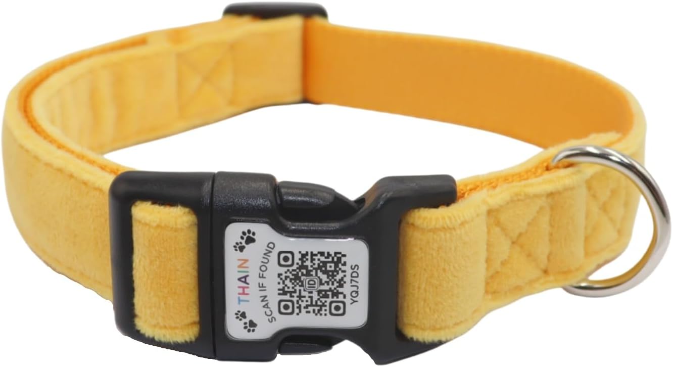 Detalle de THAIN Smart QR Code Dog Collar (Nylon & Velvet) with Unique ID Registration, Adjustable Plastic Buckle – Medium (Black/Red/Pink/Yellow)