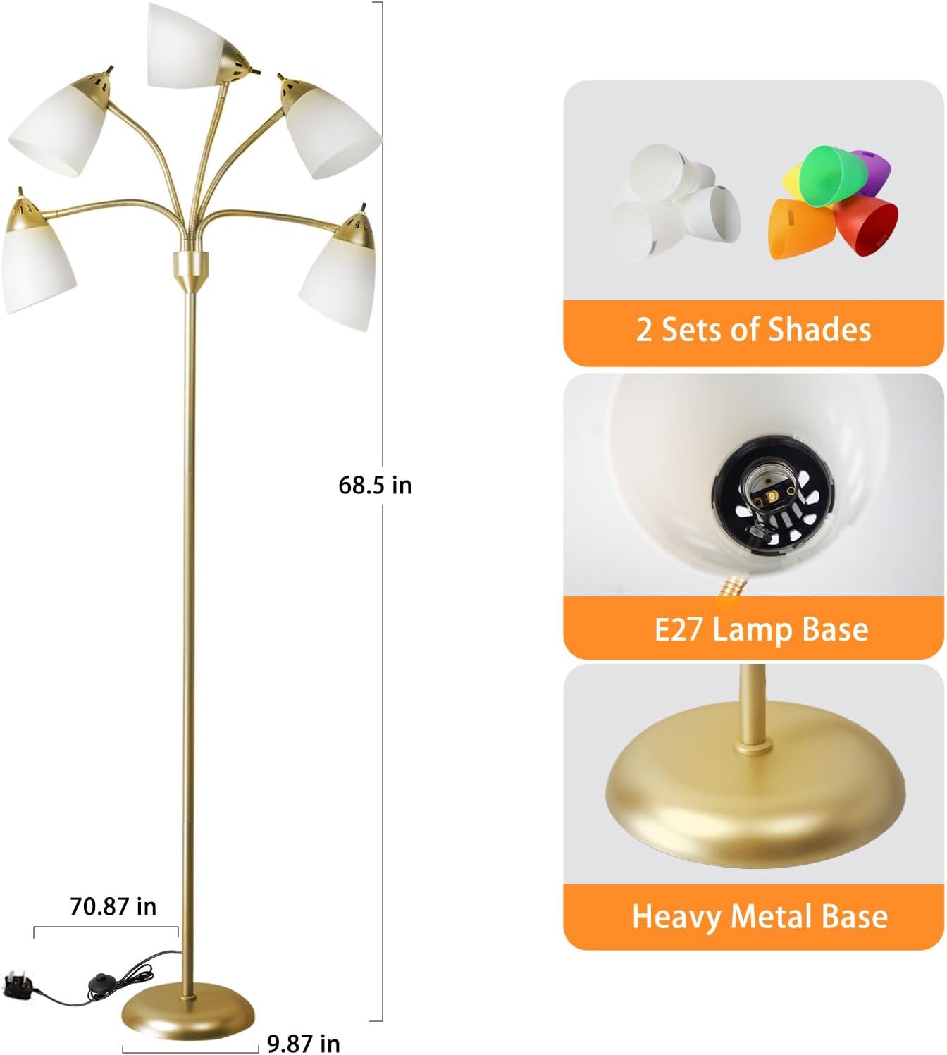 Detalle de 5 Way LED Floor Lamp | Modern Gold Tree with 10 Shades (5 White, 5 Colourful)