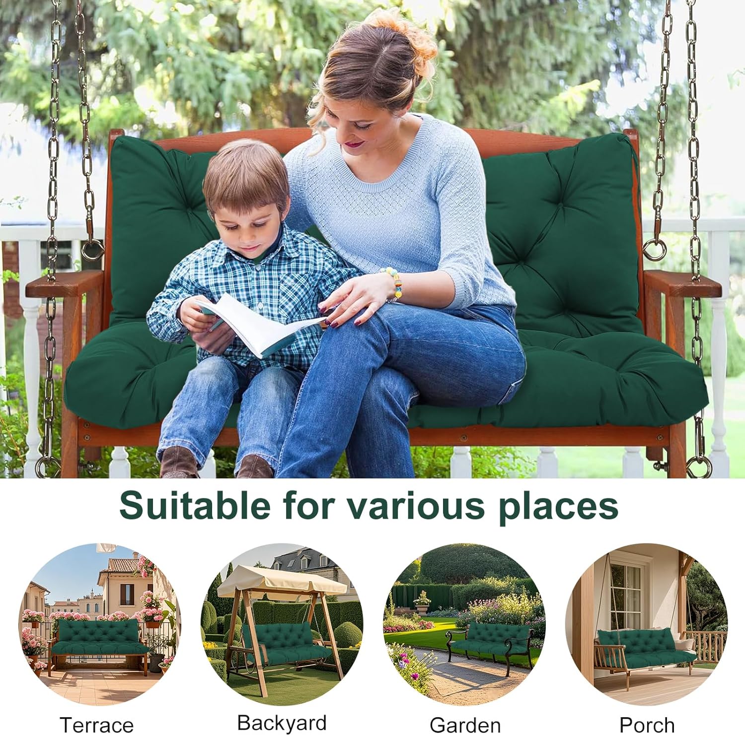 Thumbnail 4 de Amdieu Garden Swing Cushions 3 Seater – Waterproof Bench Cushions with Backrest (Dark Green, 100 x 100 cm)