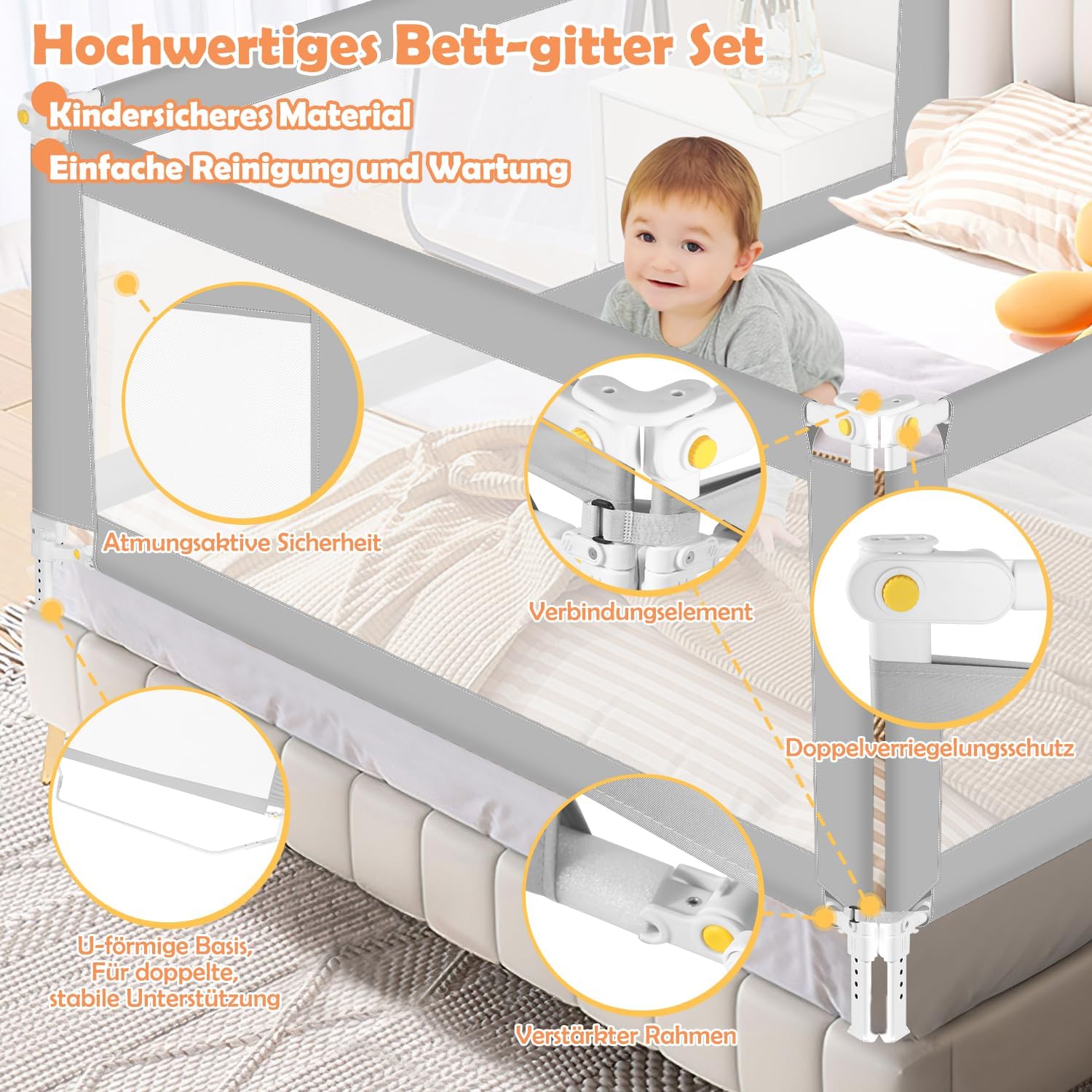 Thumbnail 1 de Ikodm Bettgitter Klappbar mit U-förmiger Basis – höhenverstellbar 68–95 cm, 200 cm + 180 cm (Grau)