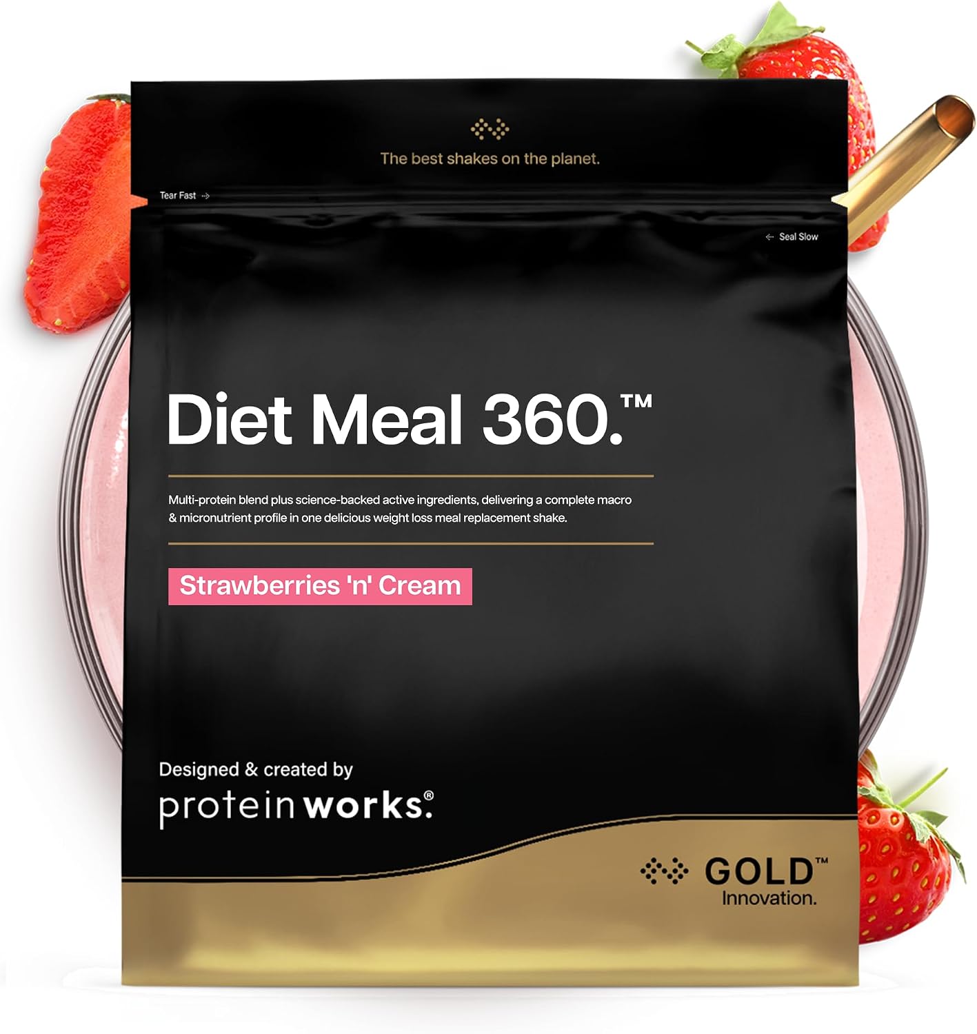 Detalle de The Protein Works Diet Meal 360 Gold (Hyperprotéiné) – substitut de repas riche en protéines, fraise à la crème, avec shaker et cuillère doseuse – 2kg
