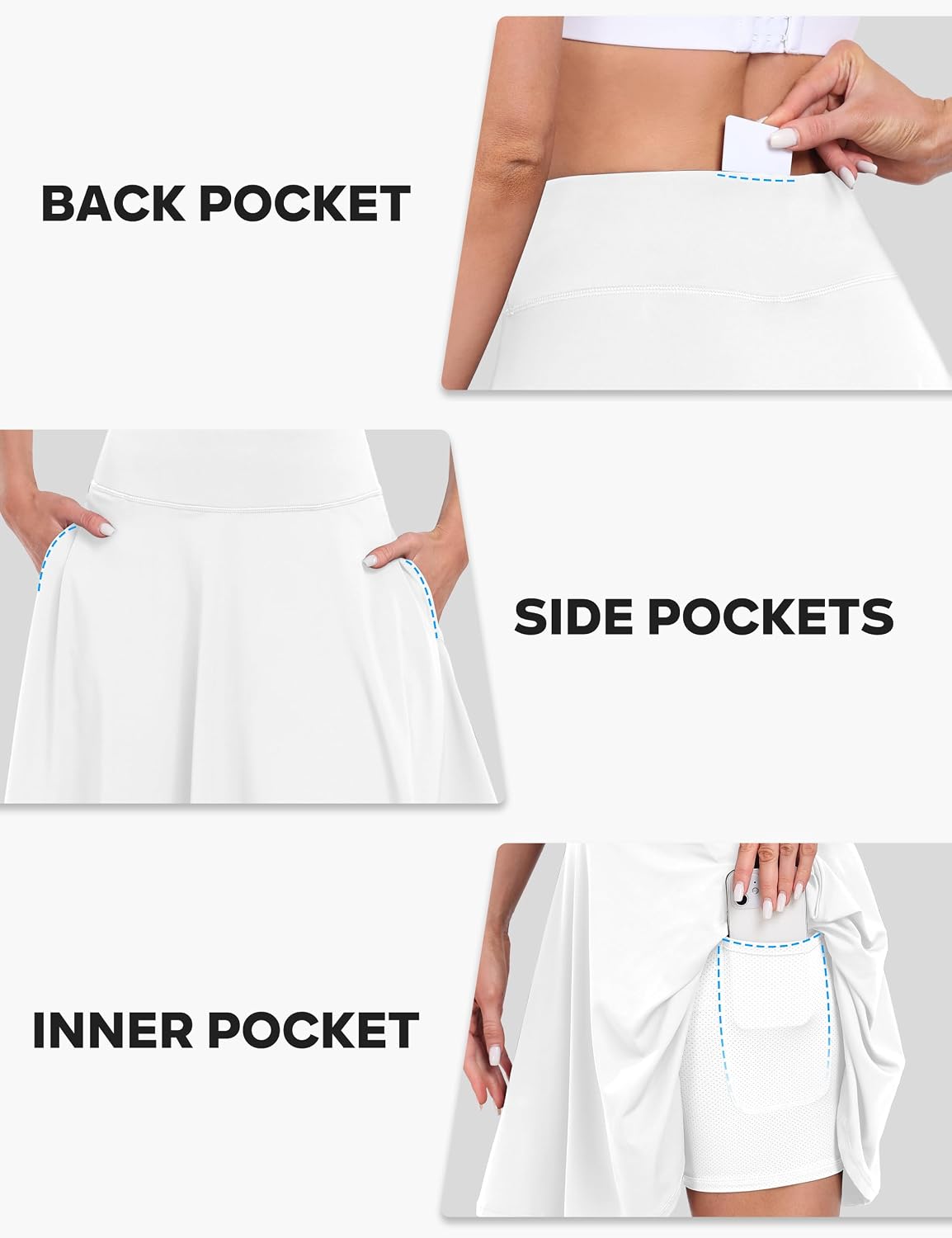Detalle de Desol 50cm Tennisrock Damen mit Hose Knielang – 2-in-1 Rock mit verstellbarem Gürtel und Mehrfachtaschen