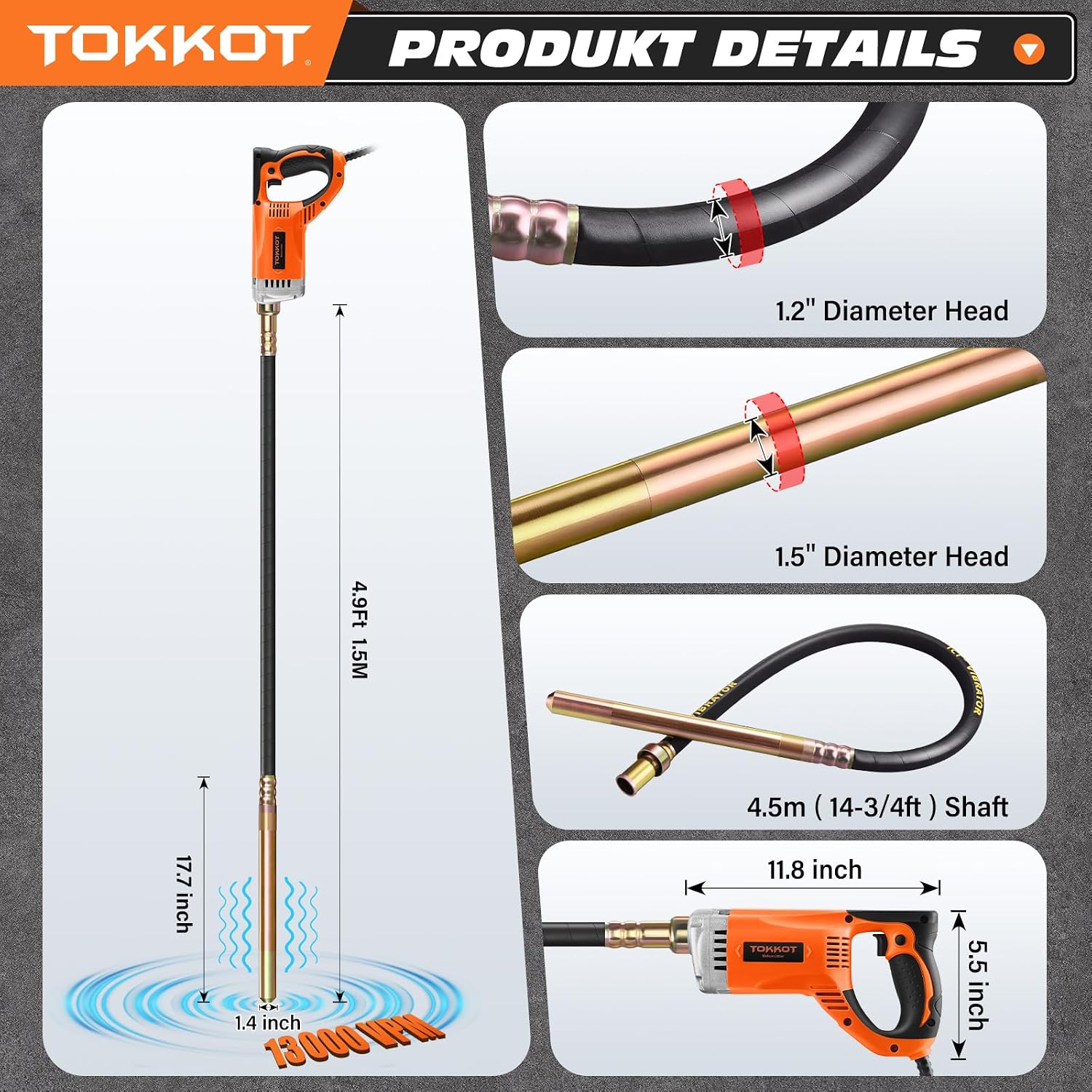 Detalle de Elektrischer Betonrüttler 1300 W mit 1,5 m Kupferstange – Hand-Betonvibrator für Platten und Fundamente