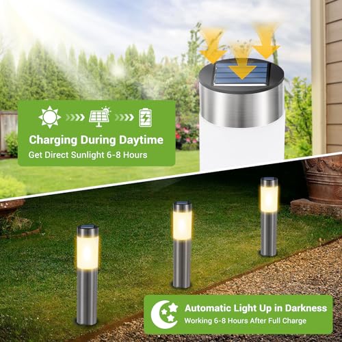 Detalle 2 de Heinstian Warmweiß Solarlampen für Außen – Edelstahl Solarleuchten Garten (4 Stück) mit Schalter, IP45