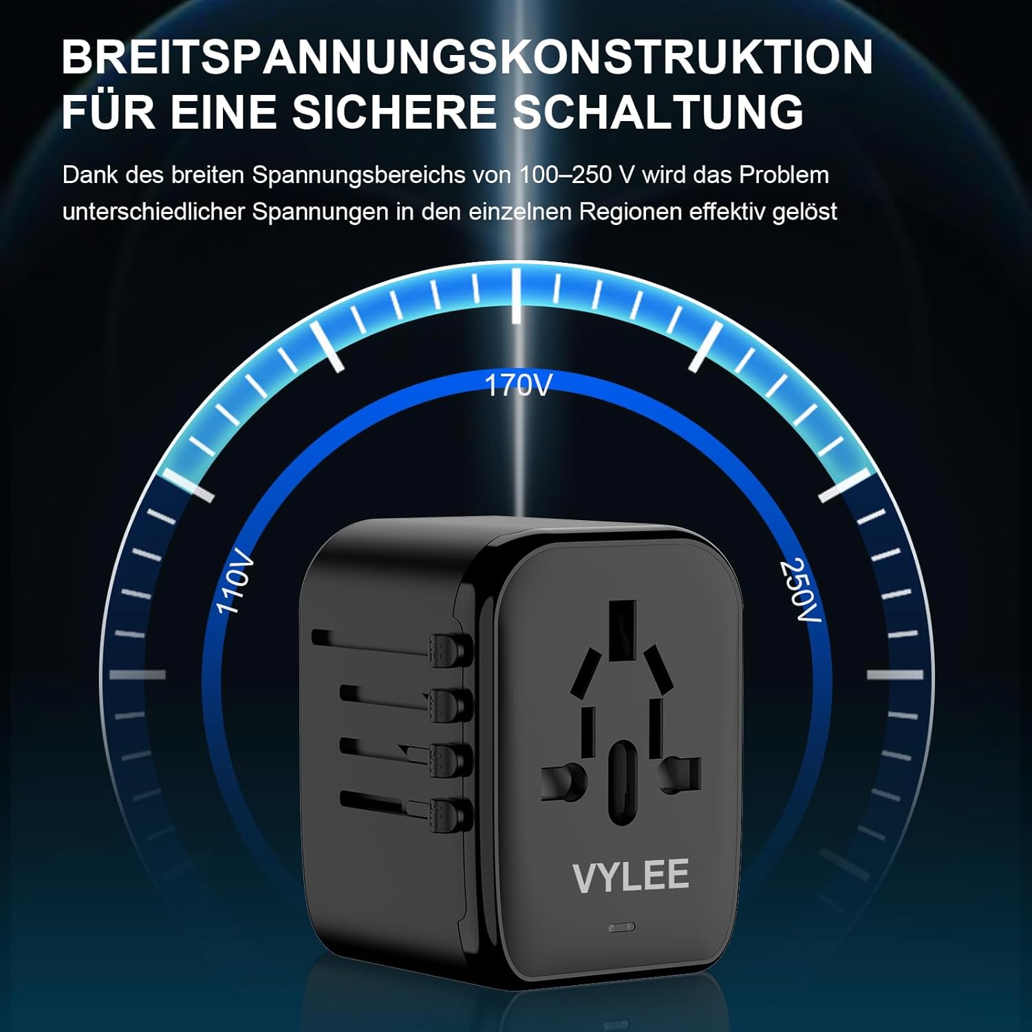 Detalle de VYLEE Reiseadapter Weltweit – 5-in-1 Universalstecker mit 2 USB-A und 2 USB-C