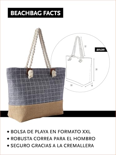 Thumbnail 1 de DonDon Bolso de playa grande impermeable con cremallera - Patrón de cuadros azul