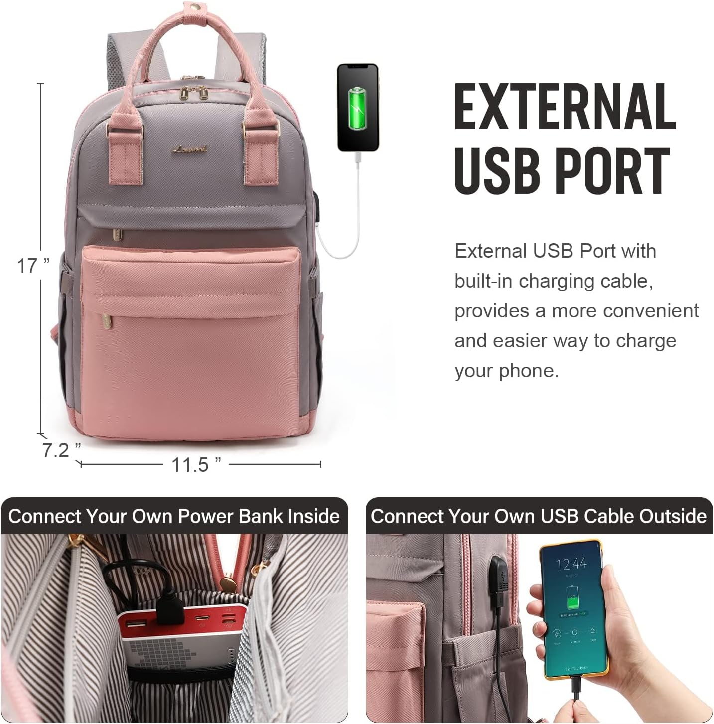 Detalle de LOVEVOOK Women's 15.6 Inch Laptop Backpack – Water-Resistant, USB Port, Grey & Pink