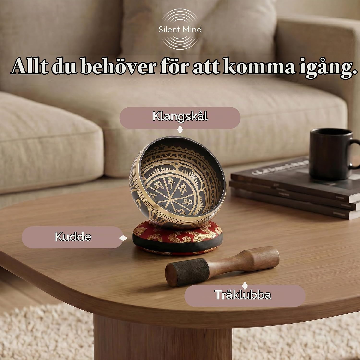 Detalle de Silent Mind Singing Bowl Set – tibetansk klangskål med kudde och klubba