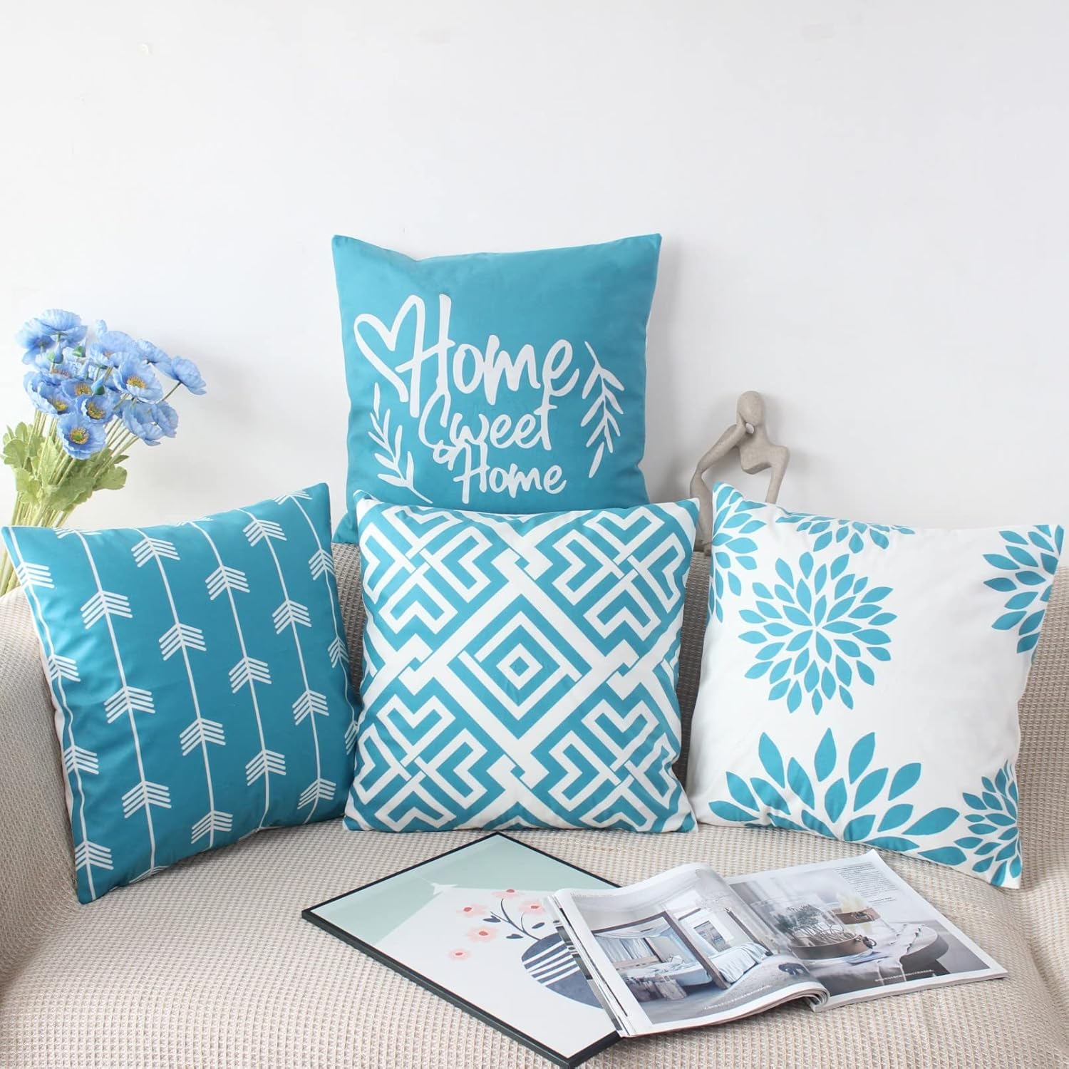 Thumbnail 1 de NIULAA Weiche Kissenbezüge 45x45 cm Türkis im 4er-Set (Veloursoptik, verdeckter Reißverschluss)