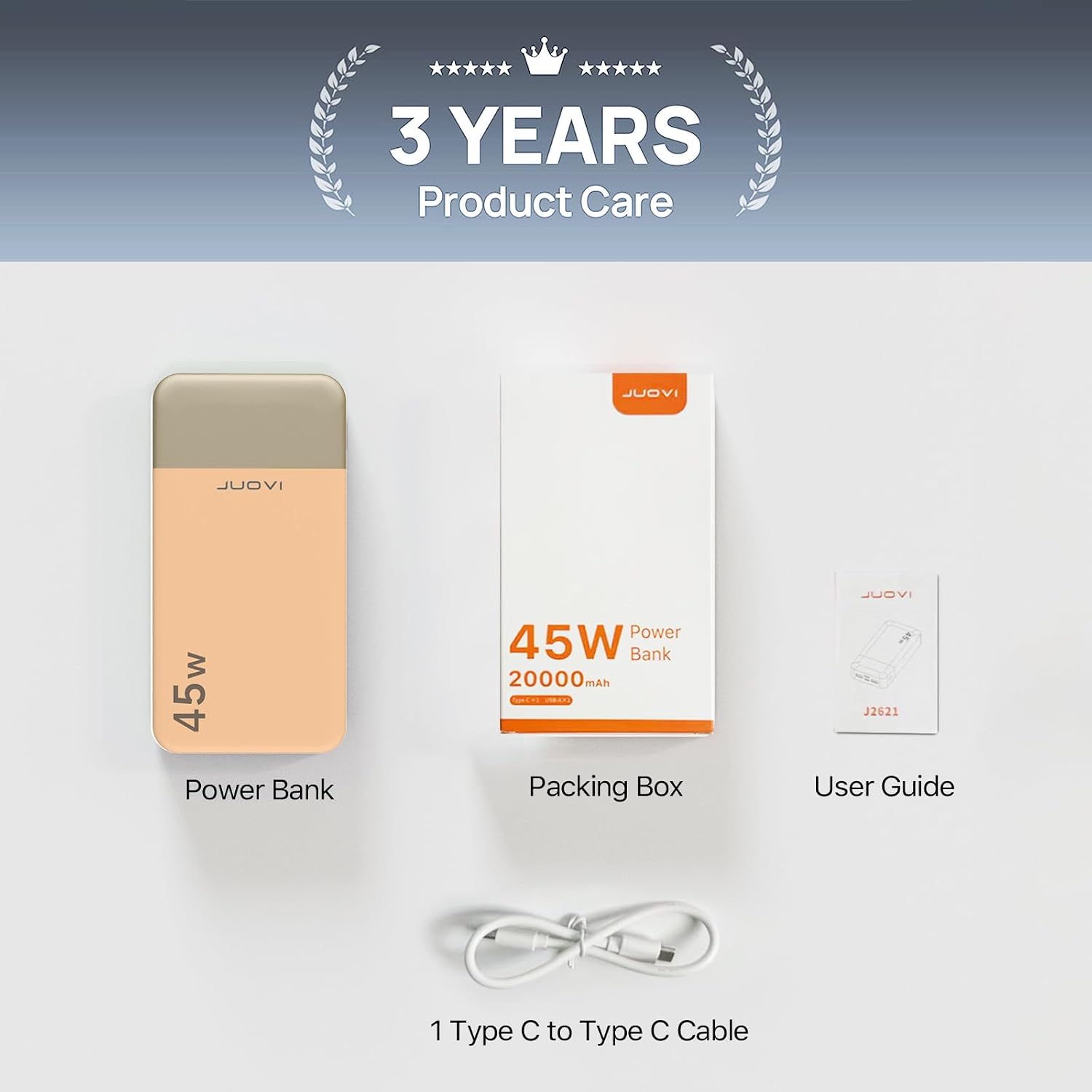 Detalle de JUOVI Power Bank 20000mAh 45W PD, Caricatore Portatile con Display Digitale – Arancione (J2621)
