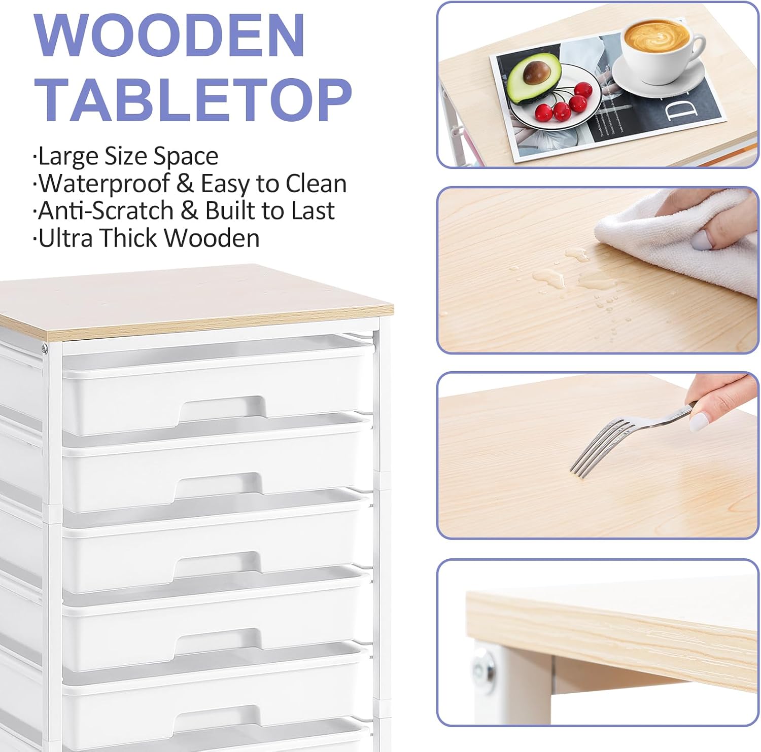 Detalle de SYKIARIOL 1250-W 8-Drawer Utility Cart with Wooden Top and Locking Wheels